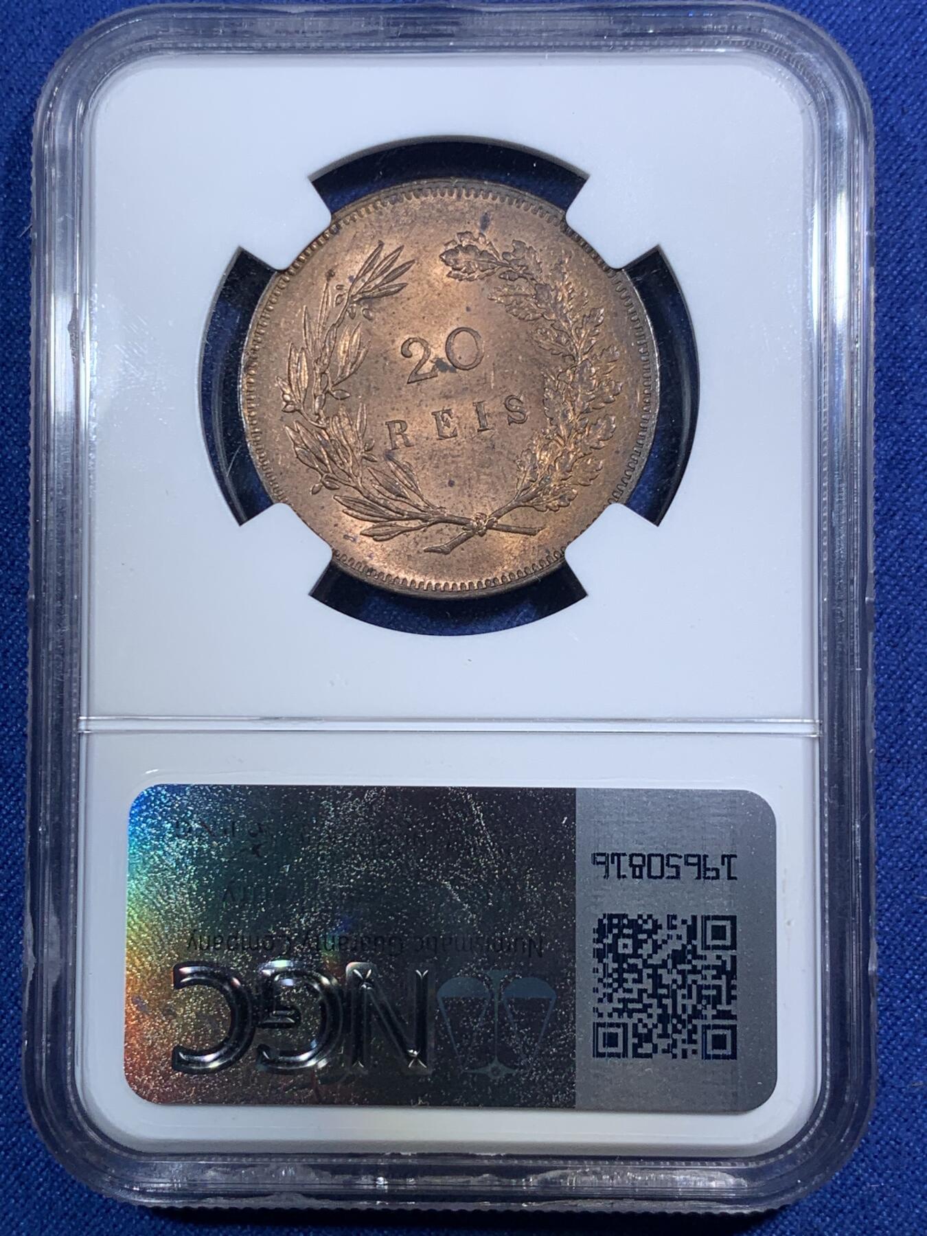 《竞宝斋》第292场- 周日，周一  2场连拍 （全场包邮） NGC MS64RB 葡萄牙1891年卡洛斯一世20瑞斯铜币 少见品种 仅四枚更高