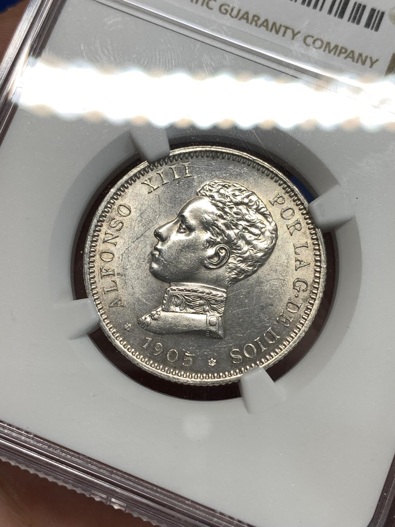 《竞宝斋》第292场- 周日，周一  2场连拍 （全场包邮） NGC UNCD 西班牙1905阿方索十三世2比塞塔银币