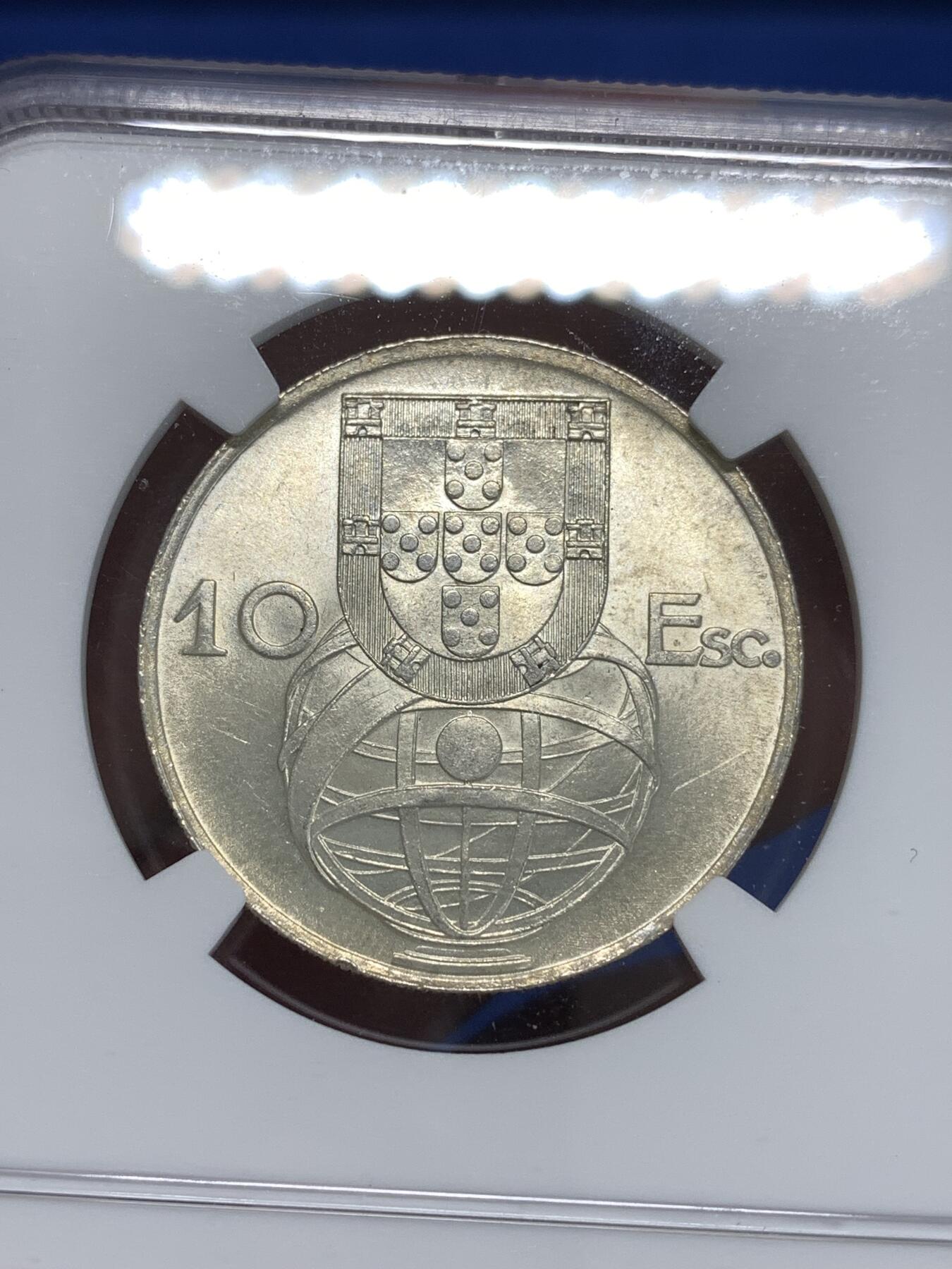 《竞宝斋》第292场- 周日，周一  2场连拍 （全场包邮） NGC MS64 葡萄牙1955年大帆船10埃斯库多银币