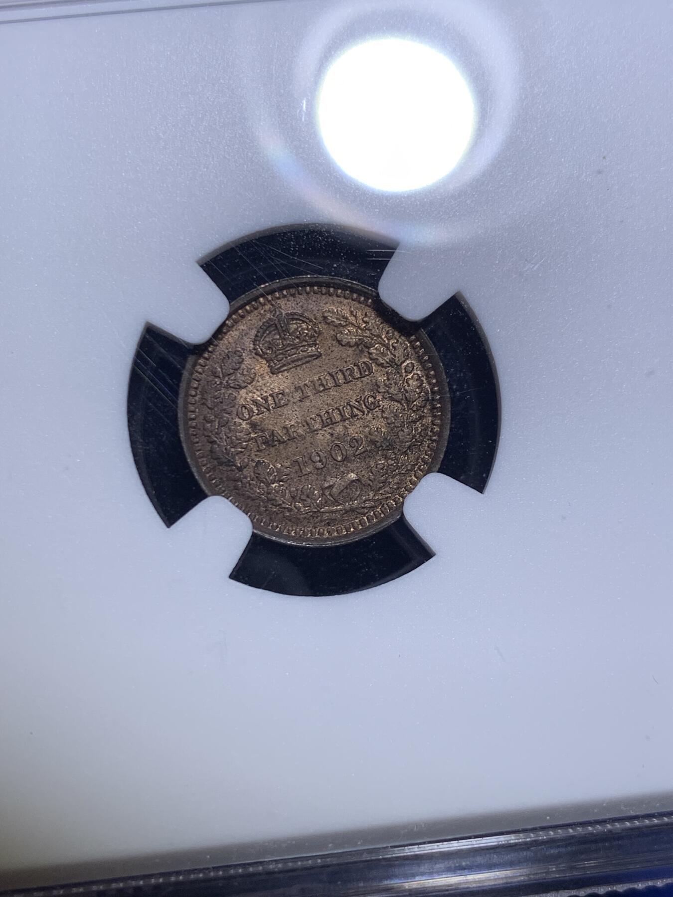 《竞宝斋》第292场- 周日，周一  2场连拍 （全场包邮） NGC MS63RB 英国1902年 爱德华七世1/3法新 底板光度很好 包浆和转光交相辉映