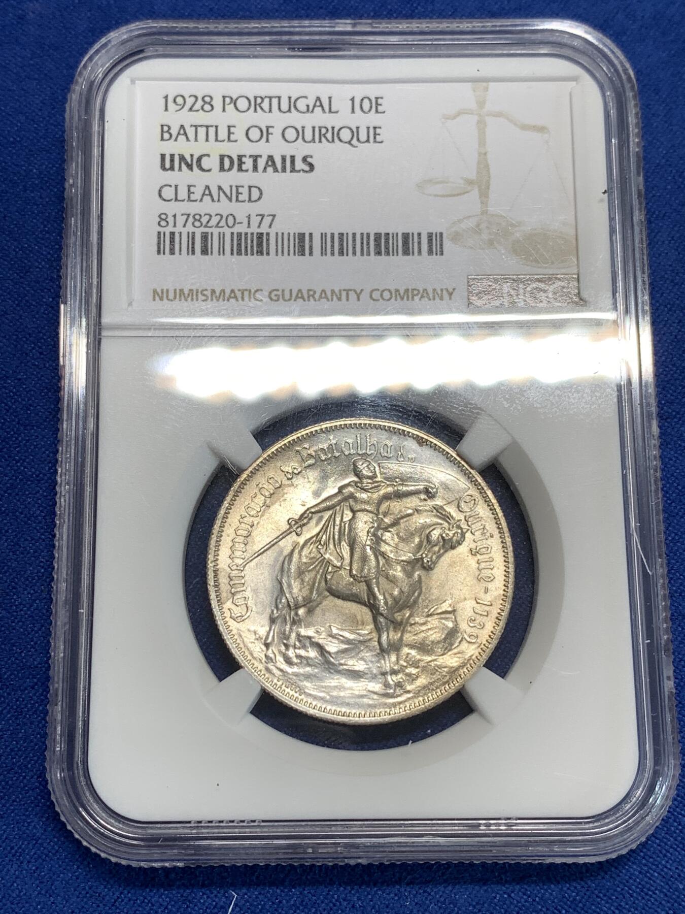 《竞宝斋》第292场- 周日，周一  2场连拍 （全场包邮） NGC UNC 葡萄牙1928年奥里基战役10埃斯库多银币 转光流畅 背部少许浅擦痕迹