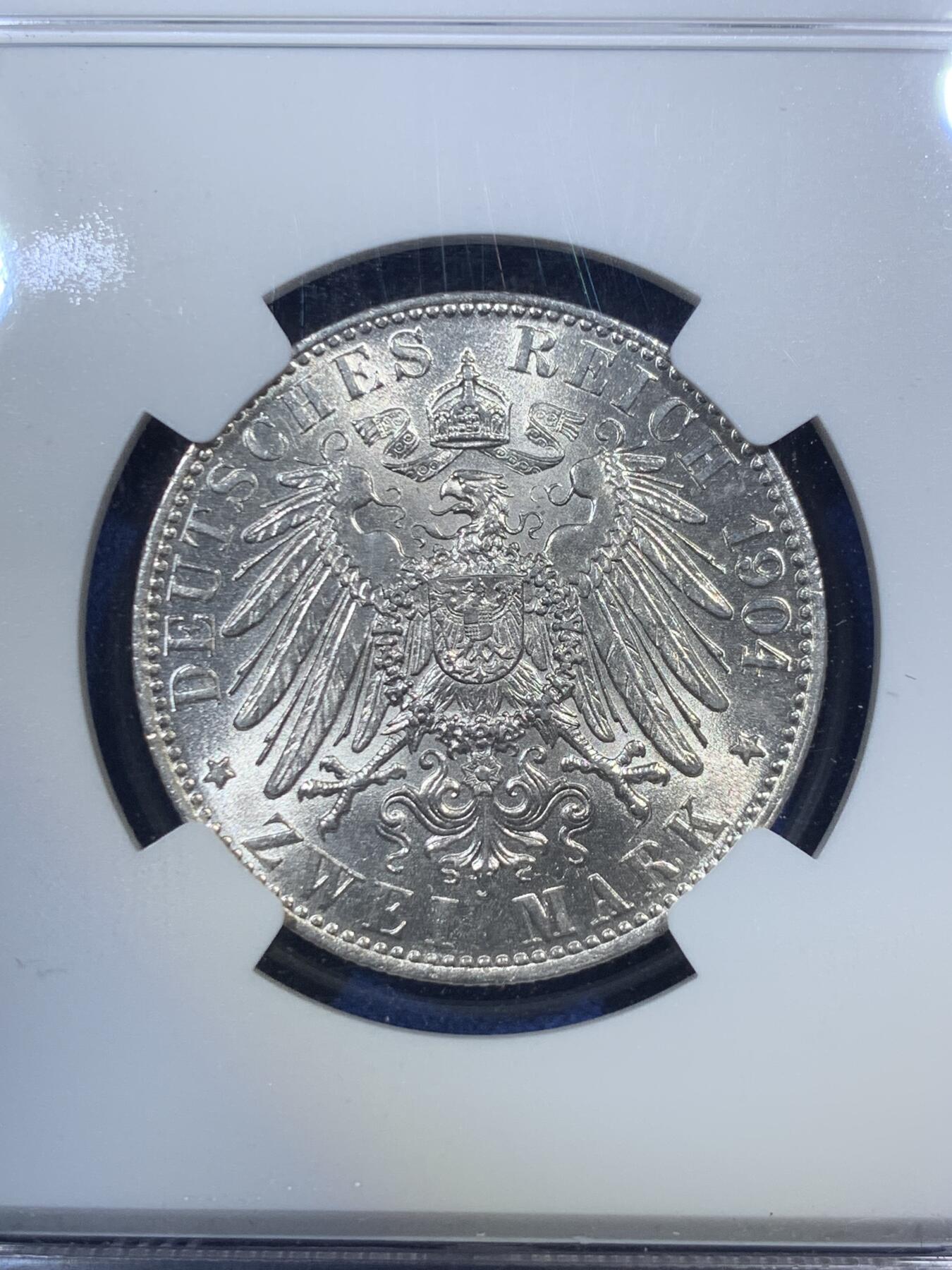 《竞宝斋》第292场- 周日，周一  2场连拍 （全场包邮） NGC MS65 德国汉堡1904J双狮2马克