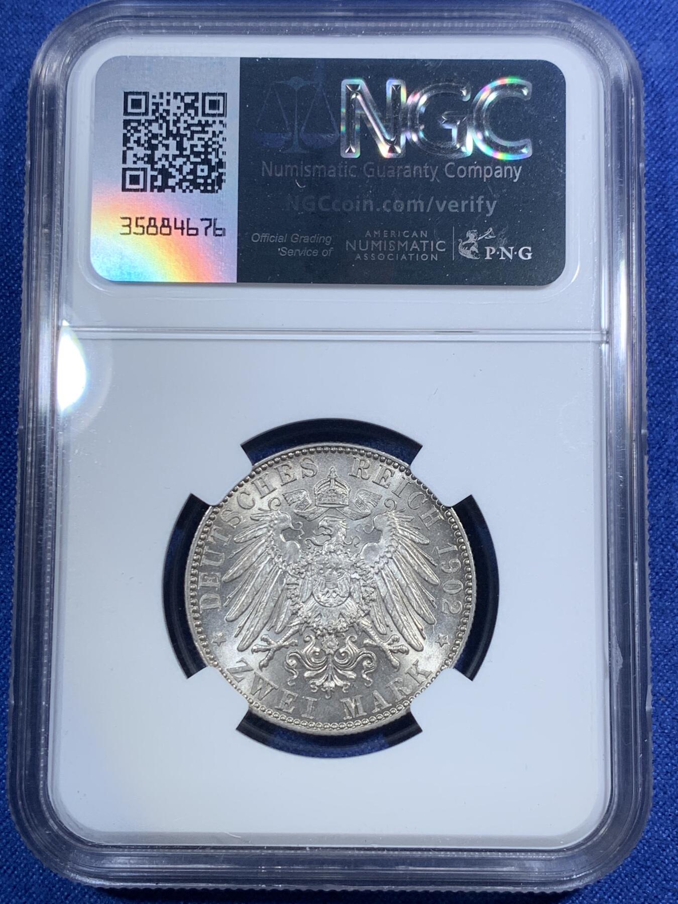 《竞宝斋》第292场- 周日，周一  2场连拍 （全场包邮） NGC MS64 德国1902年E版萨克森 阿尔伯特逝世 2马克银币