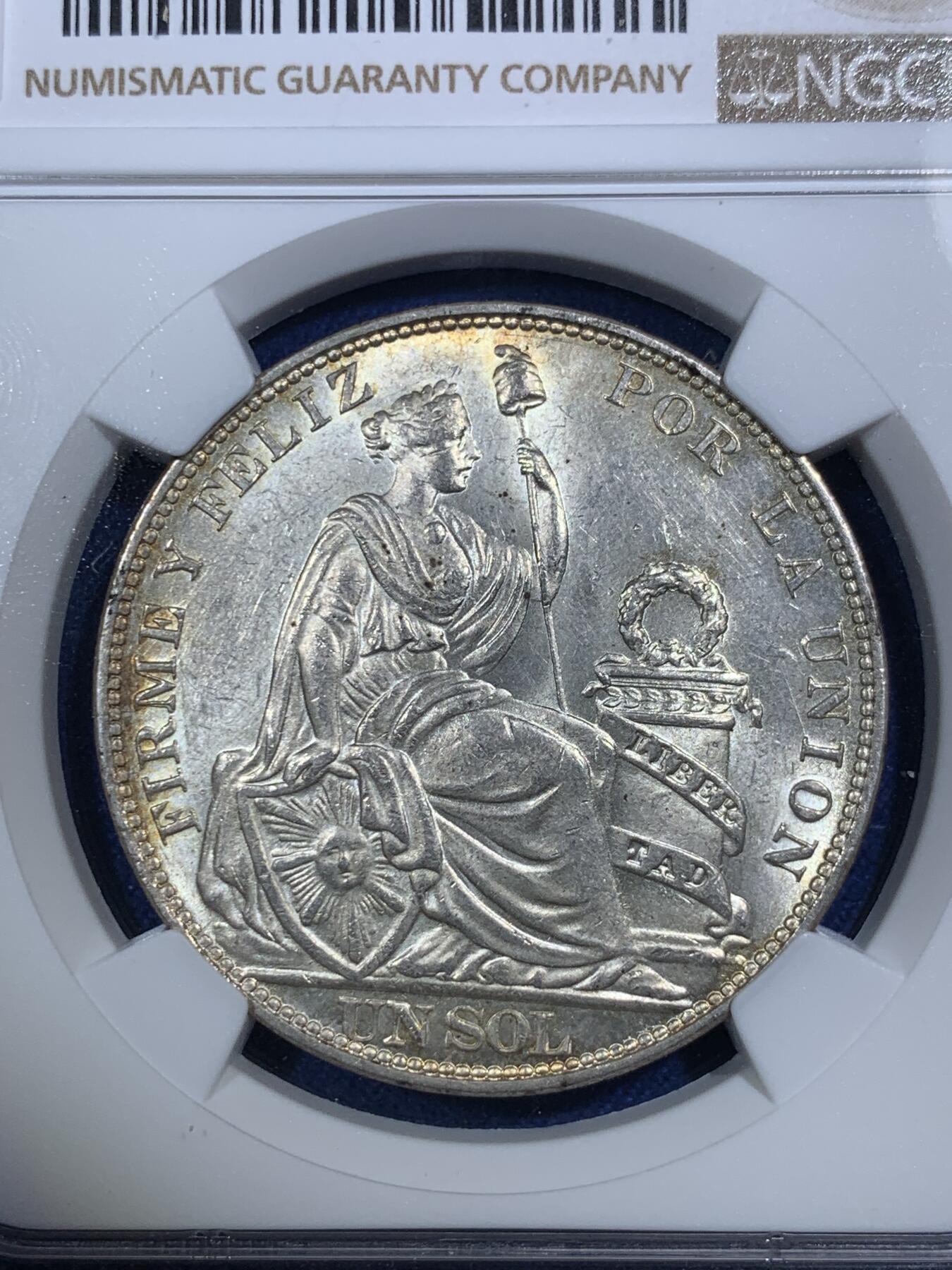 《竞宝斋》第292场- 周日，周一  2场连拍 （全场包邮） NGC MS63 秘鲁1915年索尔大银 坐洋女神 高银版本