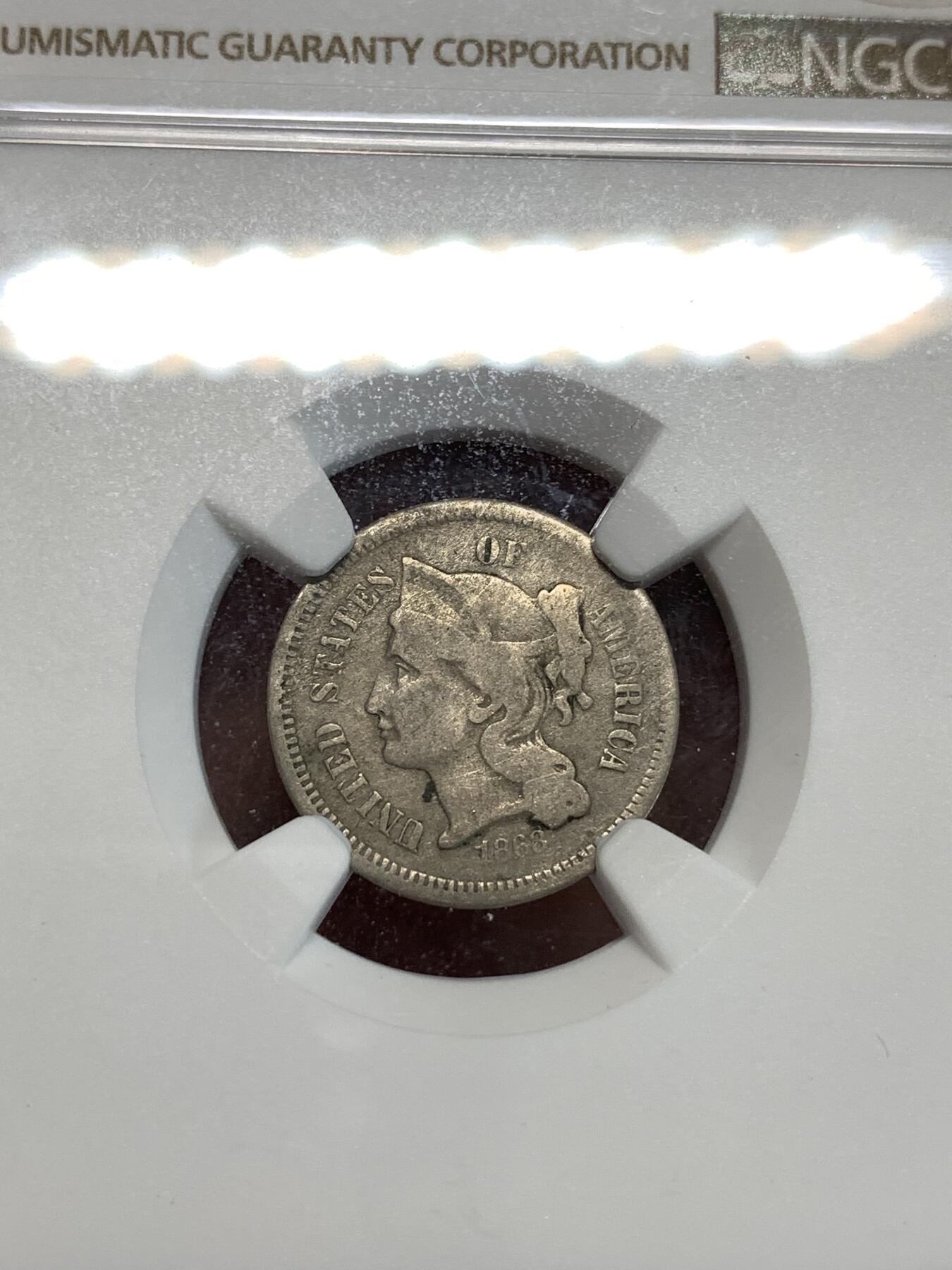 《竞宝斋》第292场- 周日，周一  2场连拍 （全场包邮） NGC VFD 1868年3美分 非常少见品种 ngc评级真假无忧 凑套必备