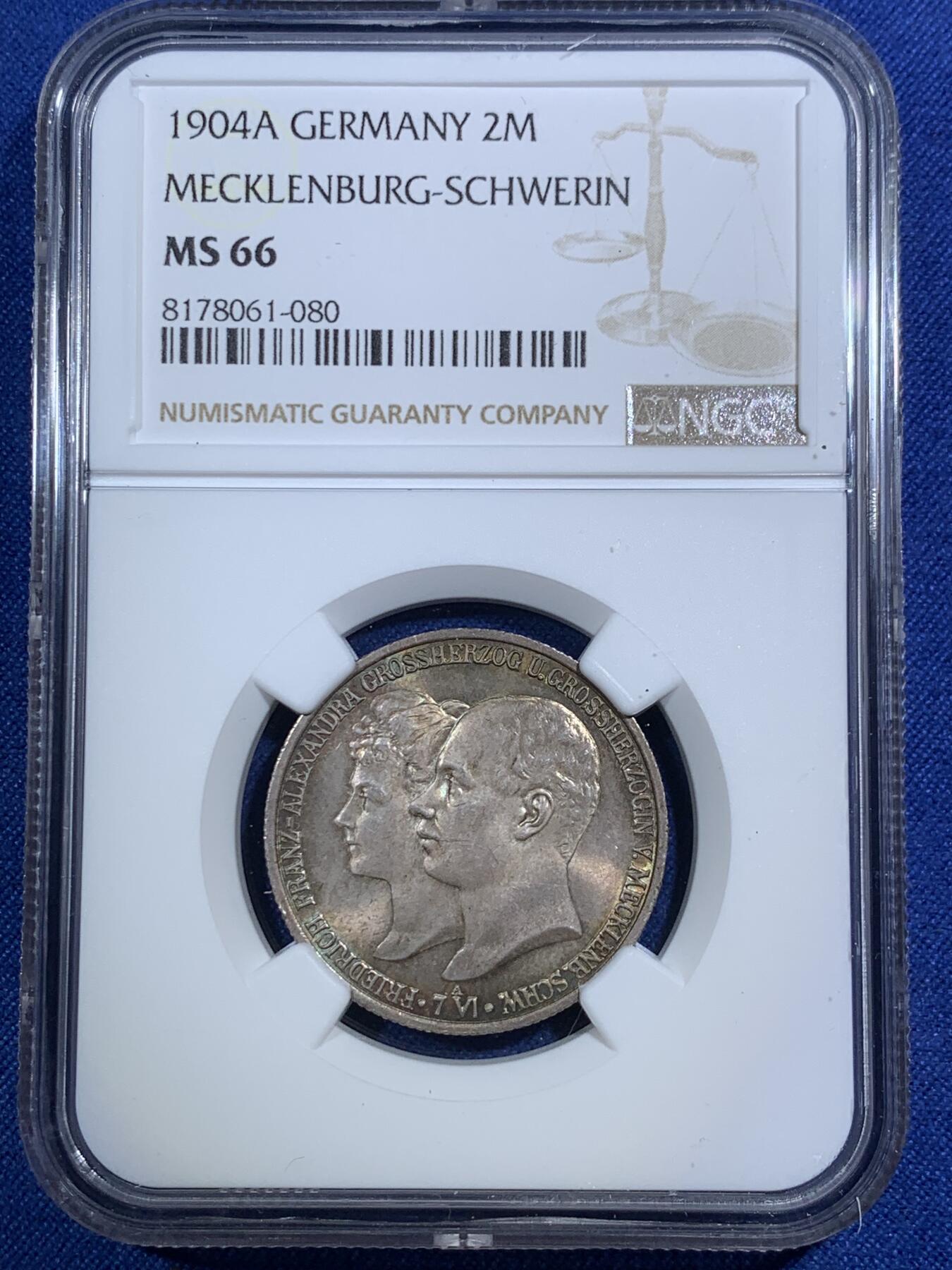 《竞宝斋》第292场- 周日，周一  2场连拍 （全场包邮） NGC MS66 德国梅克伦堡1904年结婚纪念2马克银币