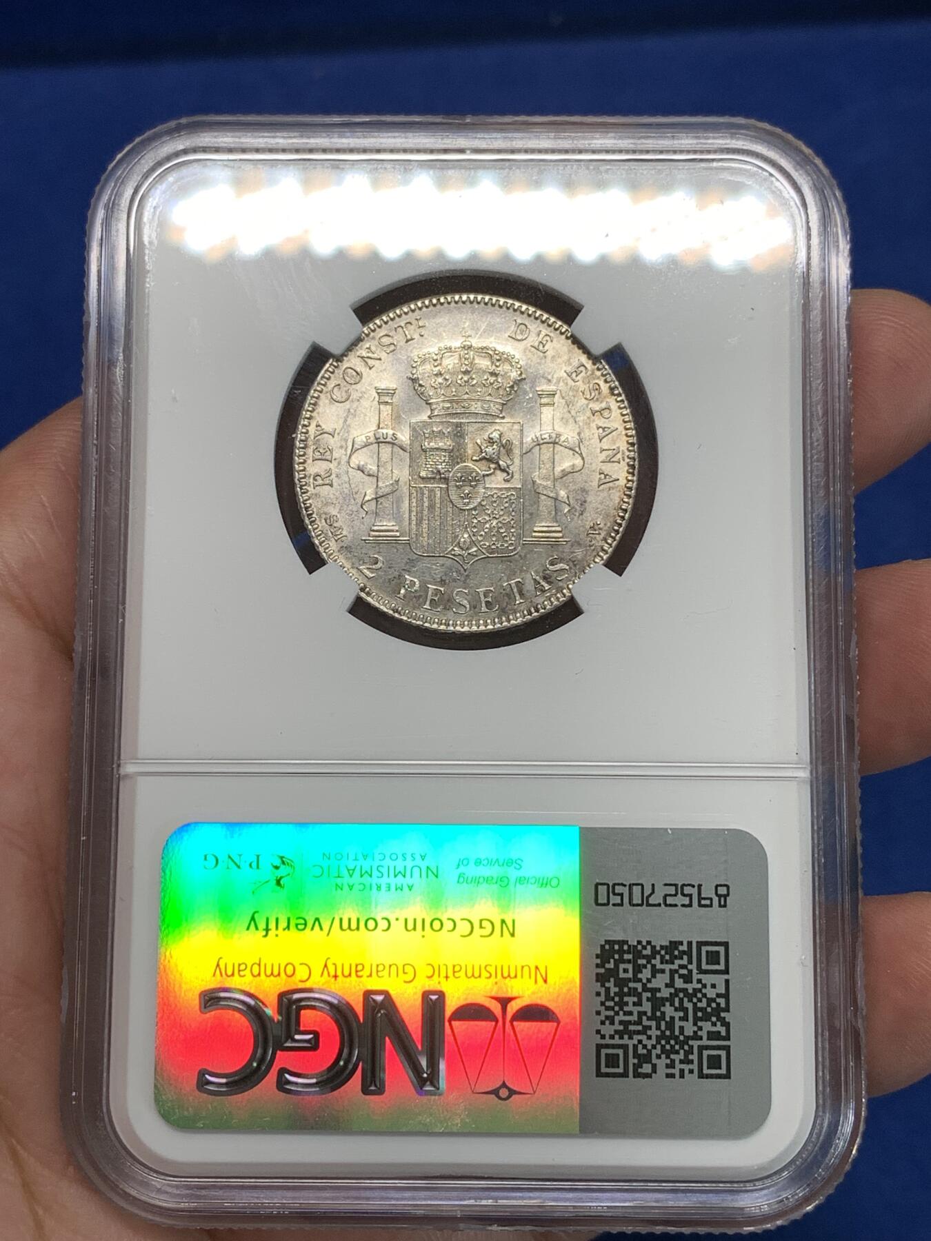 《竞宝斋》第292场- 周日，周一  2场连拍 （全场包邮） NGC UNCD 西班牙1905阿方索十三世2比塞塔银币