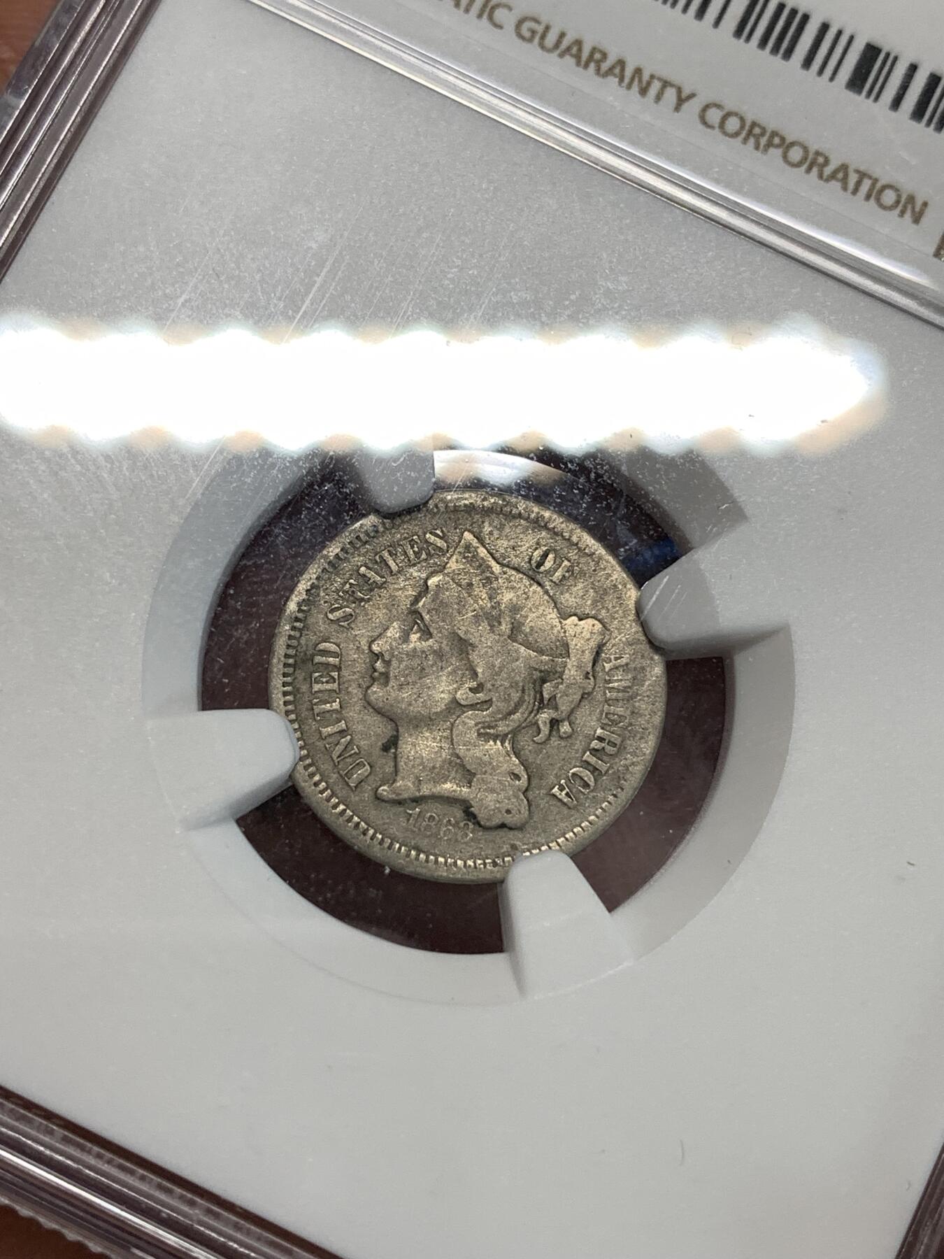 《竞宝斋》第292场- 周日，周一  2场连拍 （全场包邮） NGC VFD 1868年3美分 非常少见品种 ngc评级真假无忧 凑套必备