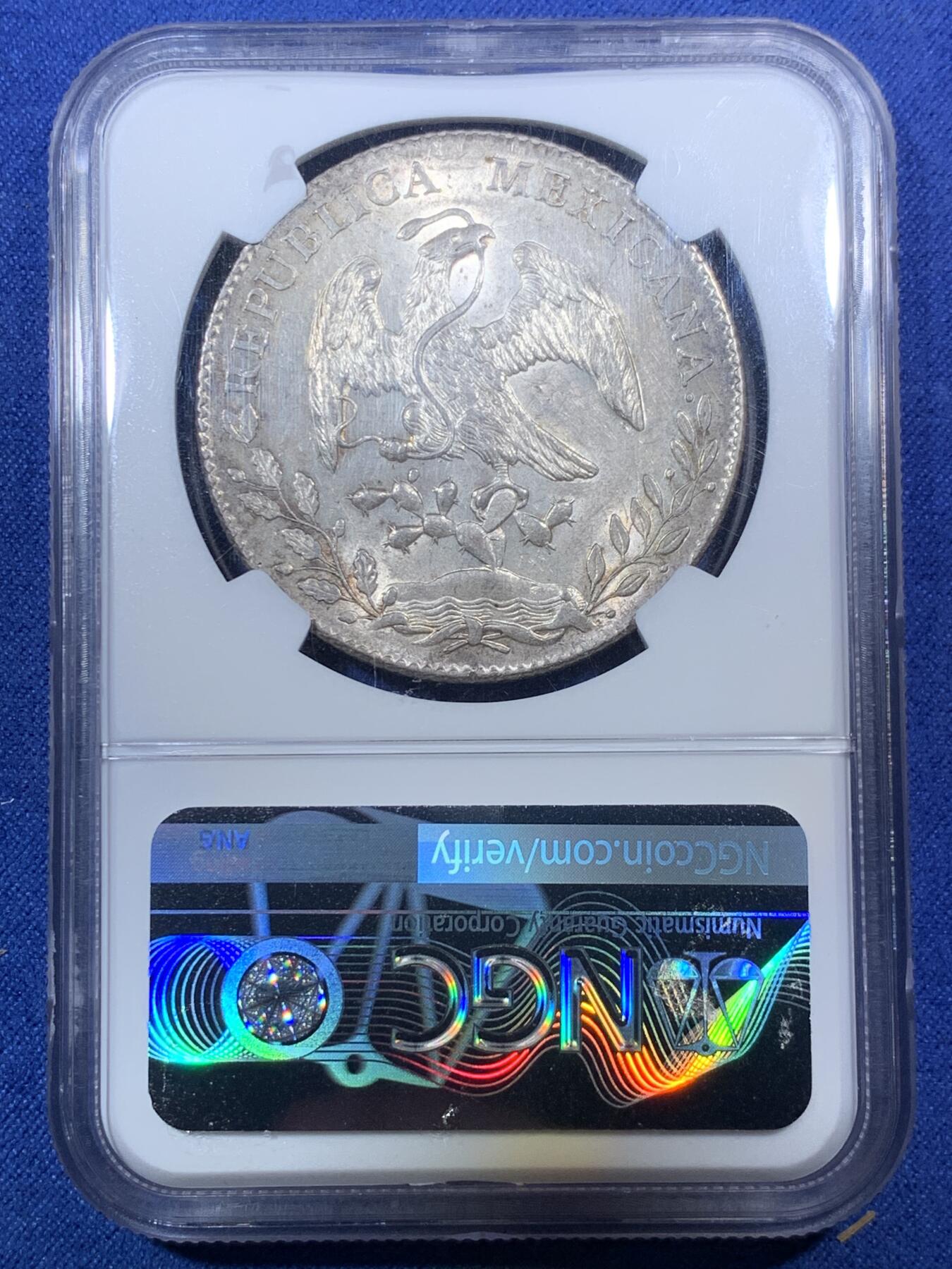 《竞宝斋》第292场- 周日，周一  2场连拍 （全场包邮） NGC MS63 墨西哥1896年ZS版花边鹰洋8瑞尔银币 盒子下沿有损