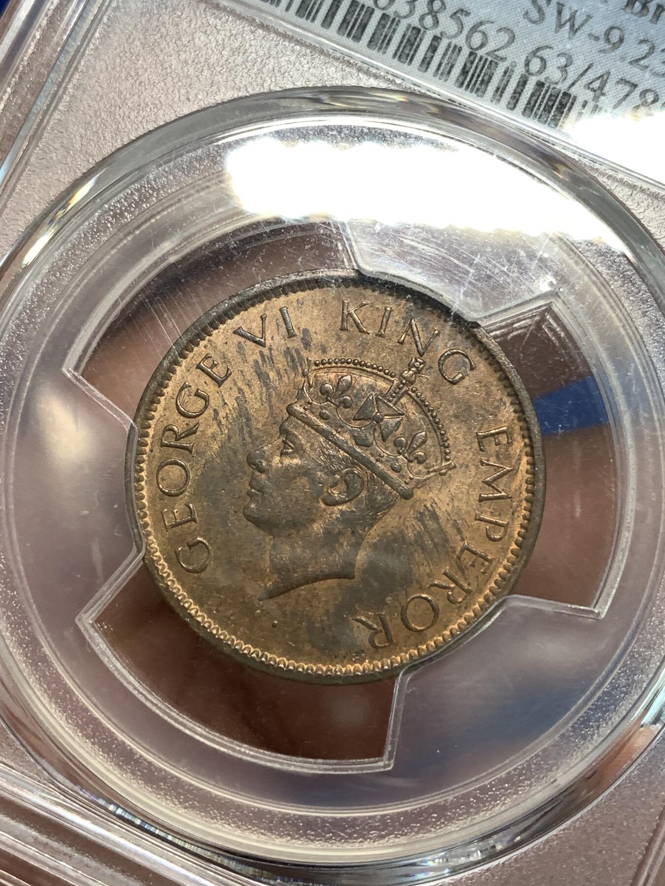 《竞宝斋》第292场- 周日，周一  2场连拍 （全场包邮） PCGS MS63RB  1942年印度 1/4 铜币 极少见的高分