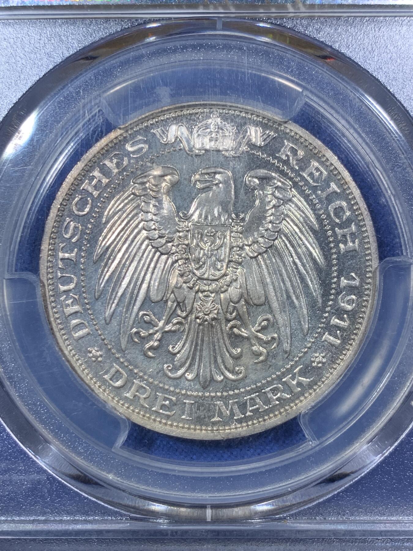 《竞宝斋》第292场- 周日，周一  2场连拍 （全场包邮） PCGS PR64 德国1911A年普鲁士布雷斯劳大学3马克精制银币 克书未记载发行数量 十分少见的品种