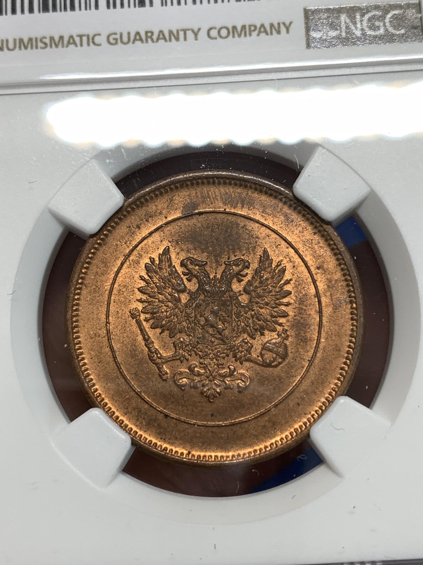 《竞宝斋》第292场- 周日，周一  2场连拍 （全场包邮） NGC MS63RB 俄占芬兰1917年克伦斯基临时政府无皇冠双头鹰10盆尼铜币