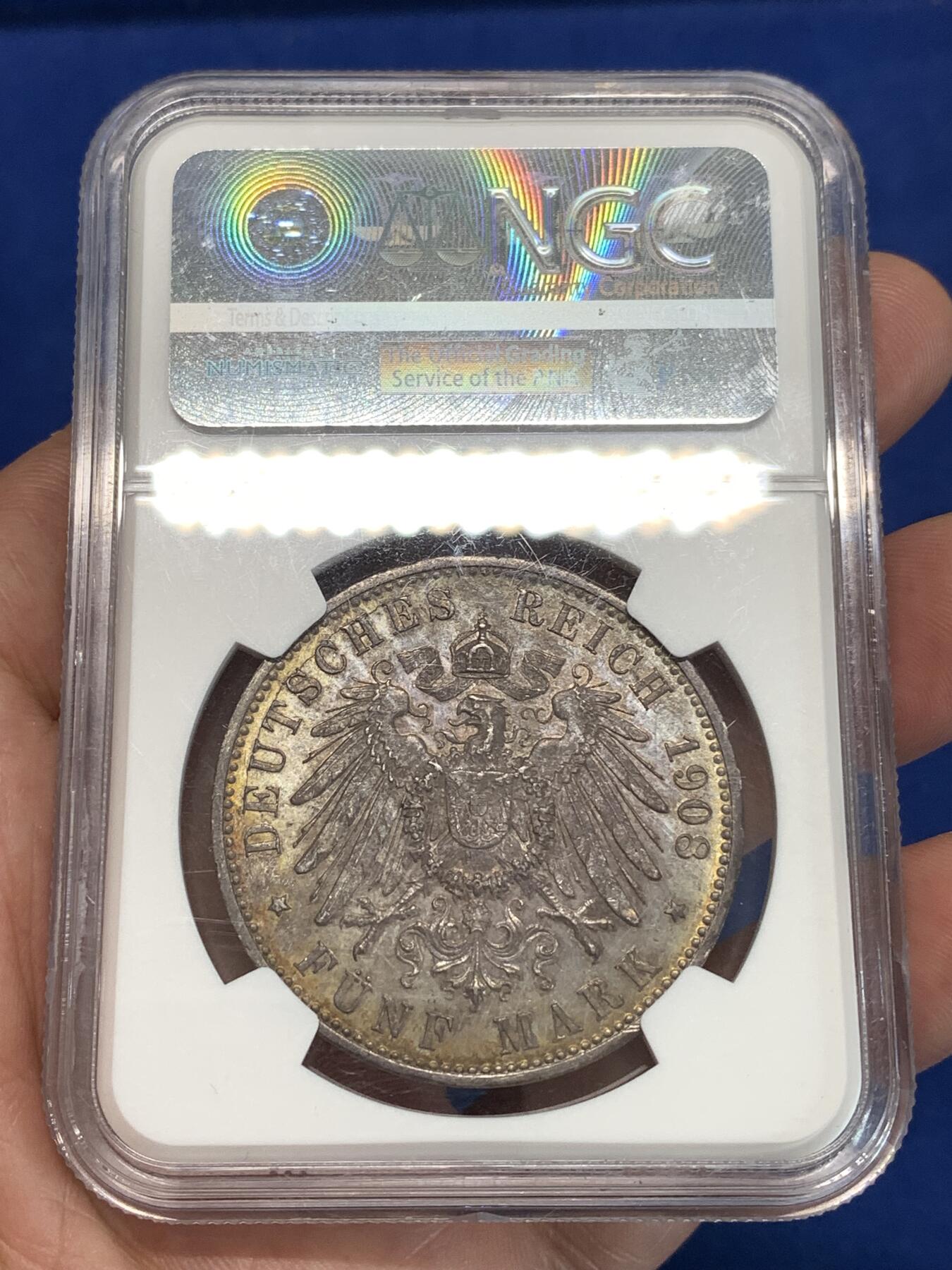 《竞宝斋》第292场- 周日，周一  2场连拍 （全场包邮） NGC UNCD 德国1908F符腾堡5马克银币