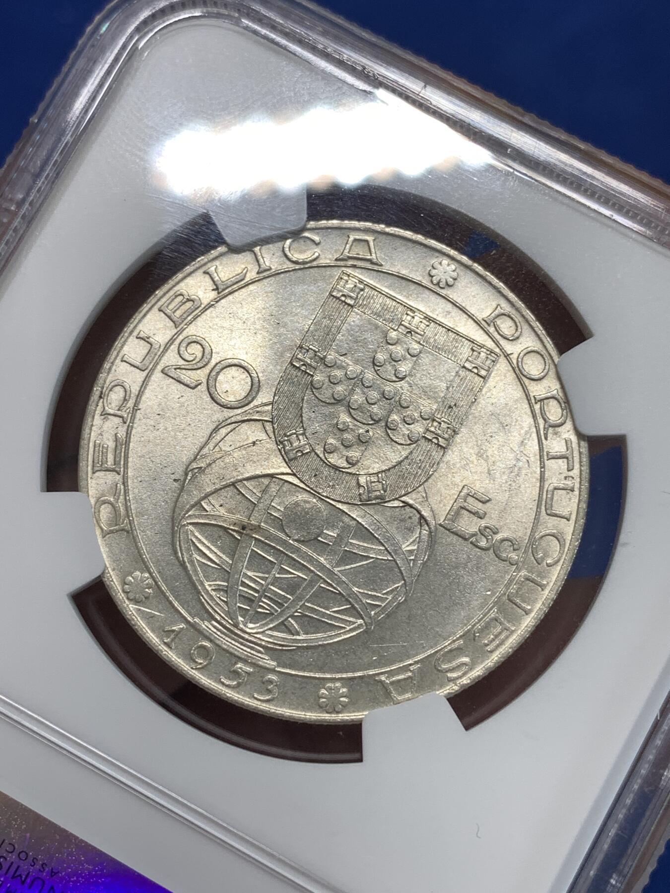 《竞宝斋》第292场- 周日，周一  2场连拍 （全场包邮） NGC UNC 葡萄牙1953年20埃斯库多银币