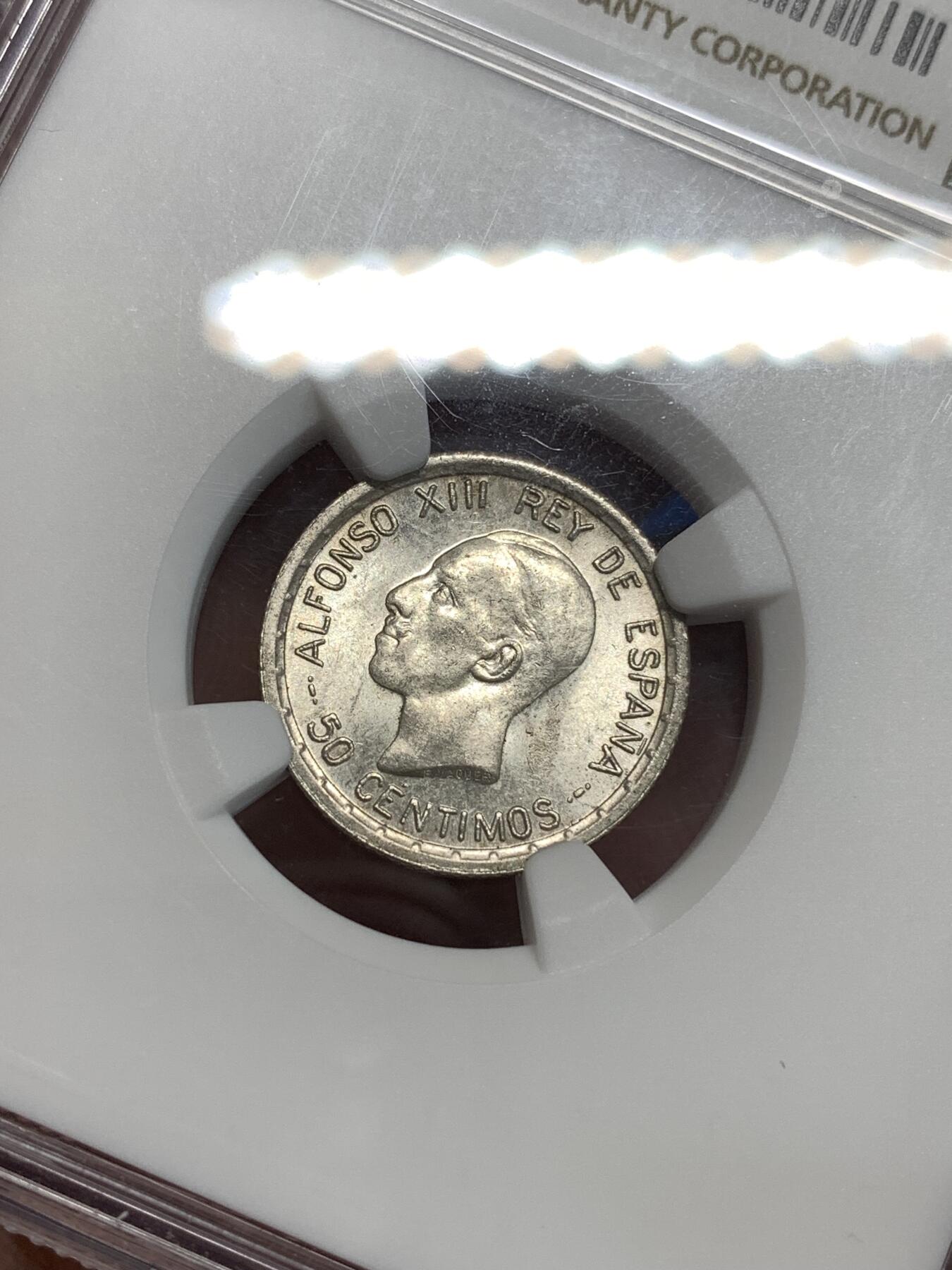 《竞宝斋》第292场- 周日，周一  2场连拍 （全场包邮） NGC MS63 西班牙1926阿方索十三世50C银币 好品