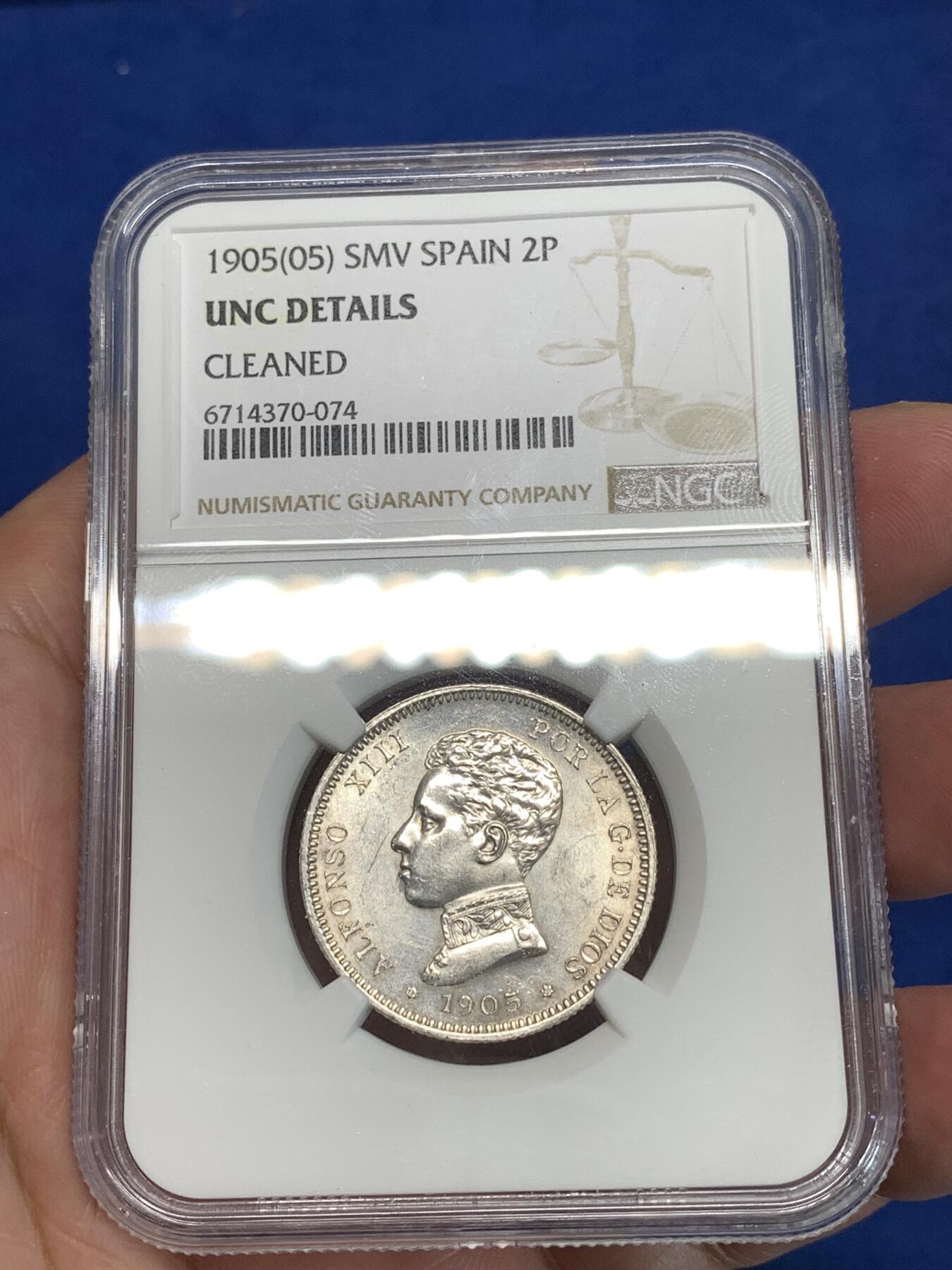 《竞宝斋》第292场- 周日，周一  2场连拍 （全场包邮） NGC UNCD 西班牙1905阿方索十三世2比塞塔银币