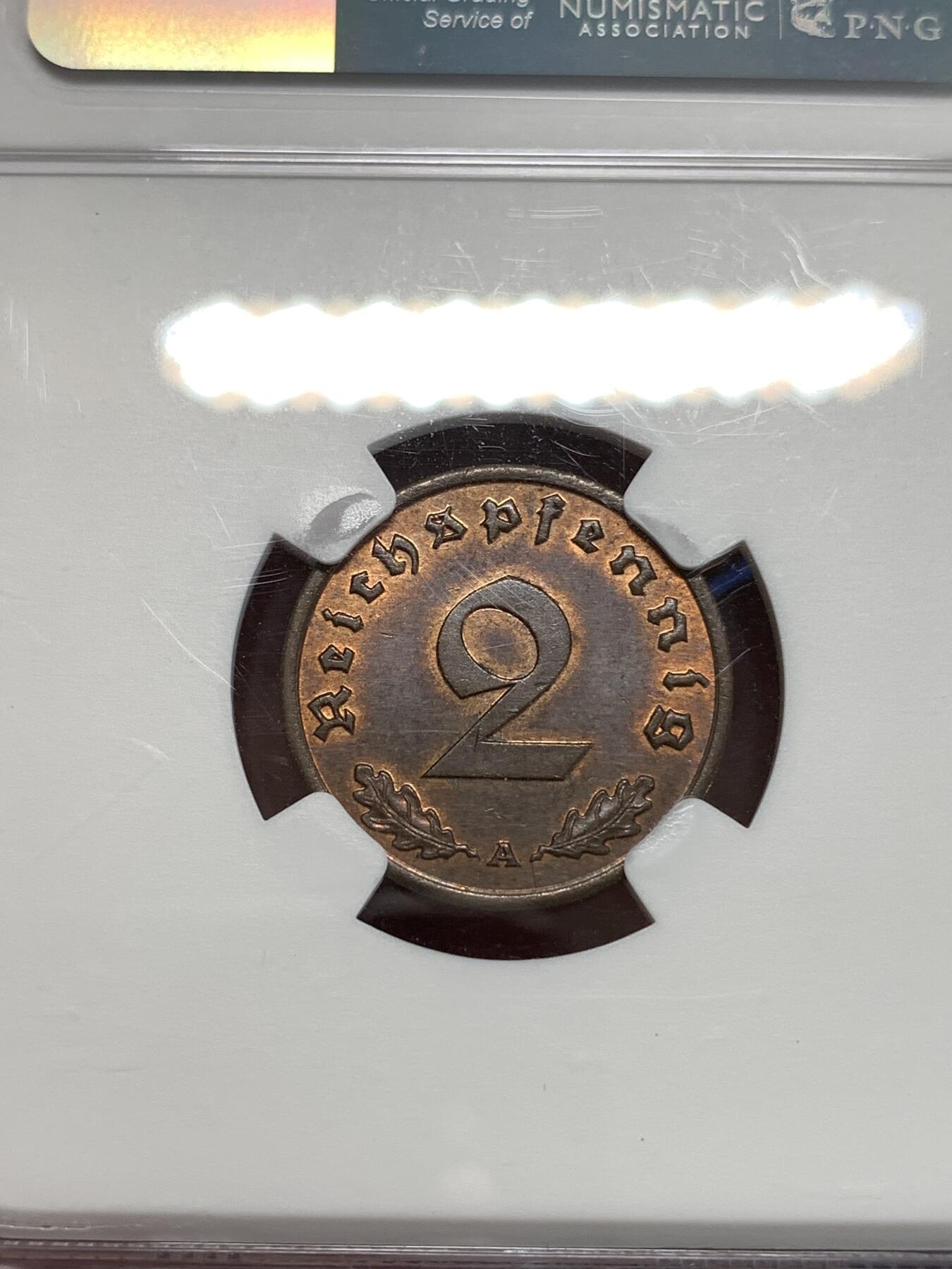 《竞宝斋》第292场- 周日，周一  2场连拍 （全场包邮） NGC MS63BN 1939年A厂标德国2芬尼