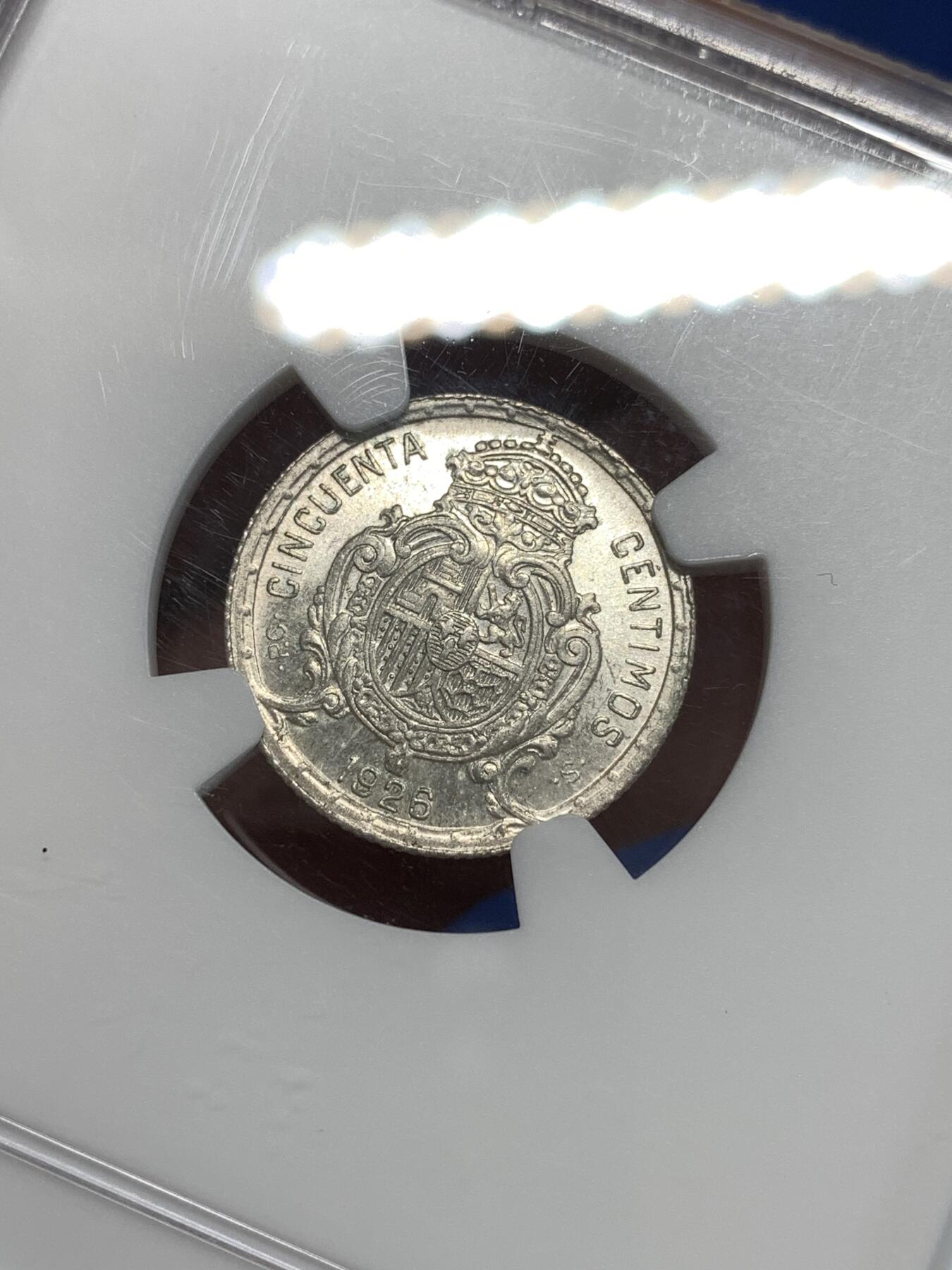 《竞宝斋》第292场- 周日，周一  2场连拍 （全场包邮） NGC MS63 西班牙1926阿方索十三世50C银币 好品