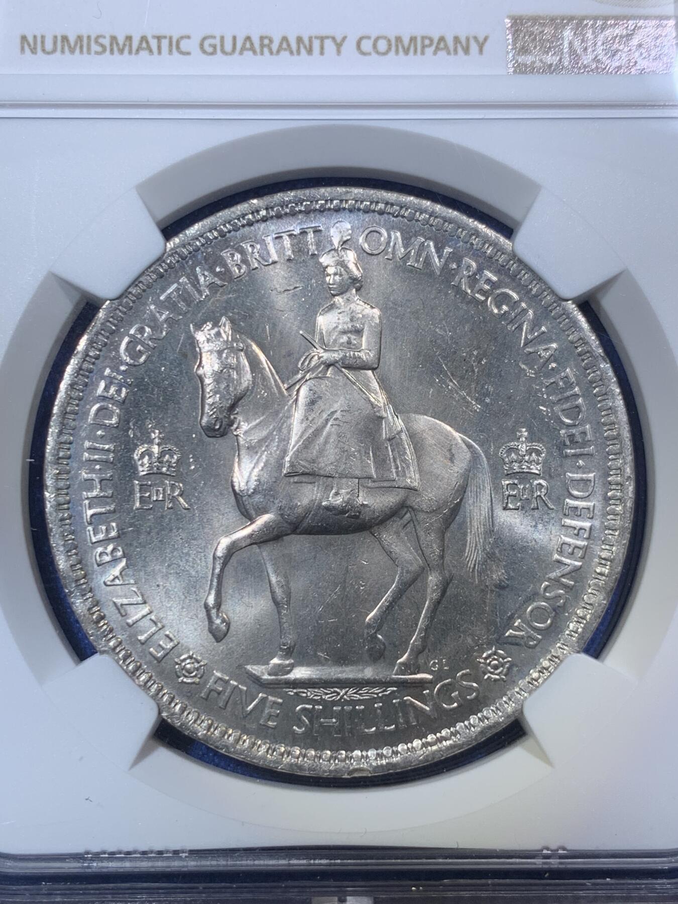 《竞宝斋》第292场- 周日，周一  2场连拍 （全场包邮） NGC MS63 英国1953年伊丽莎白二世女王登基纪念克朗 经典品种