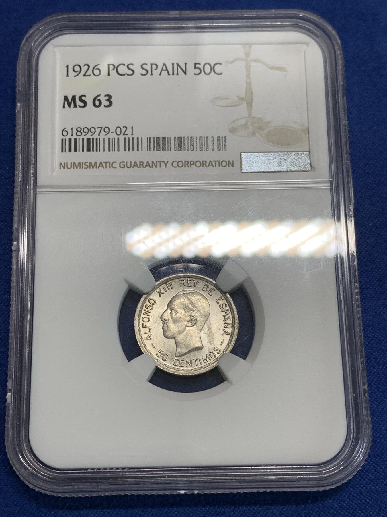 《竞宝斋》第292场- 周日，周一  2场连拍 （全场包邮） NGC MS63 西班牙1926阿方索十三世50C银币 好品