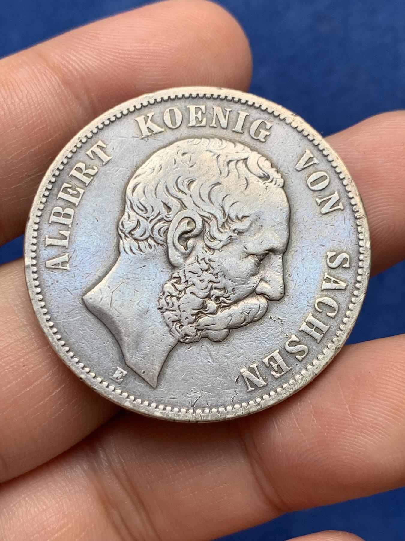 《竞宝斋》第292场- 周日，周一  2场连拍 （全场包邮） 德国1875年萨克森阿尔伯特短翅5马克 银币