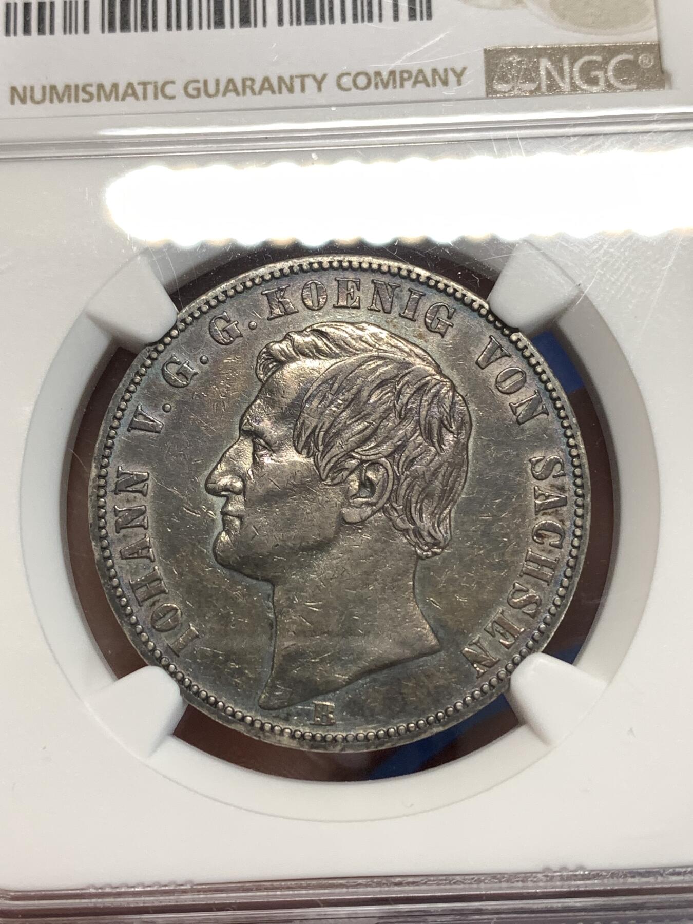 《竞宝斋》第292场- 周日，周一  2场连拍 （全场包邮） NGC XF45 德国 1870年B 萨克森矿业泰勒 正面深蓝绿色包浆 背面日落红包浆 感官佳明显低评