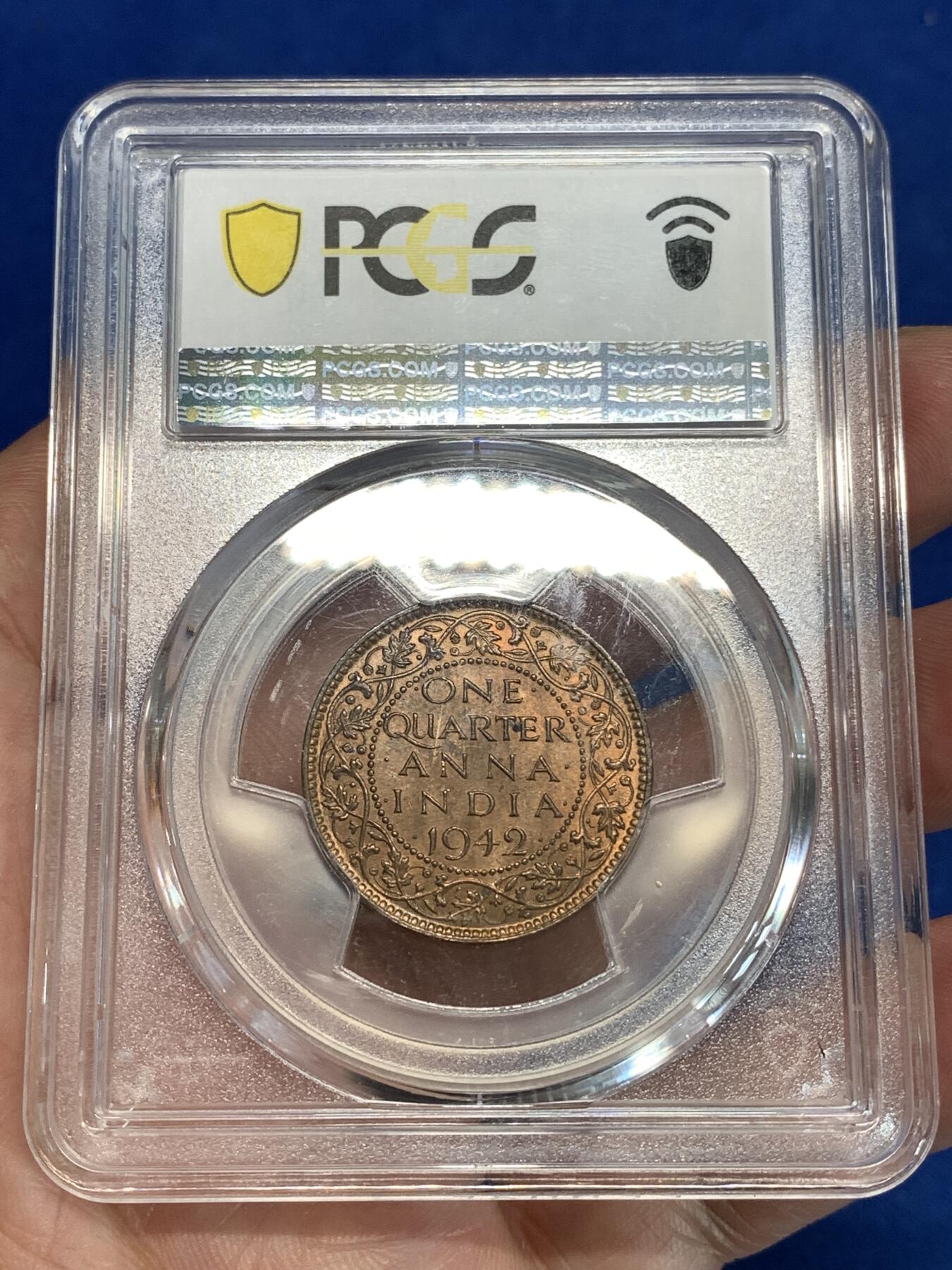 《竞宝斋》第292场- 周日，周一  2场连拍 （全场包邮） PCGS MS63RB  1942年印度 1/4 铜币 极少见的高分