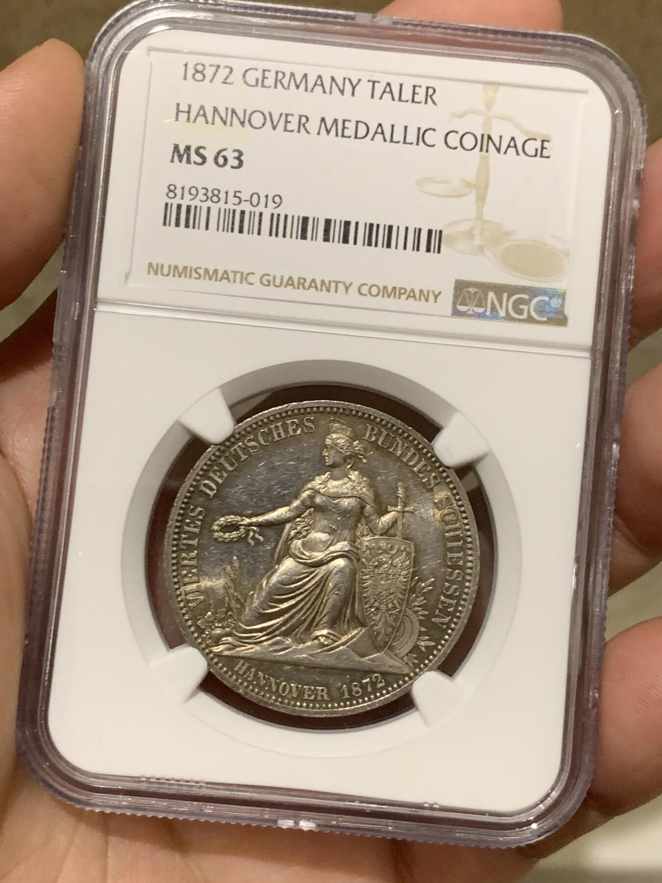 《竞宝斋》第292场- 周日，周一  2场连拍 （全场包邮） NGC MS63 1872年德国汉诺威双狮盾徽射击节1泰勒币章 帝国最后的1泰勒 炫五彩包浆 63分非常难得了