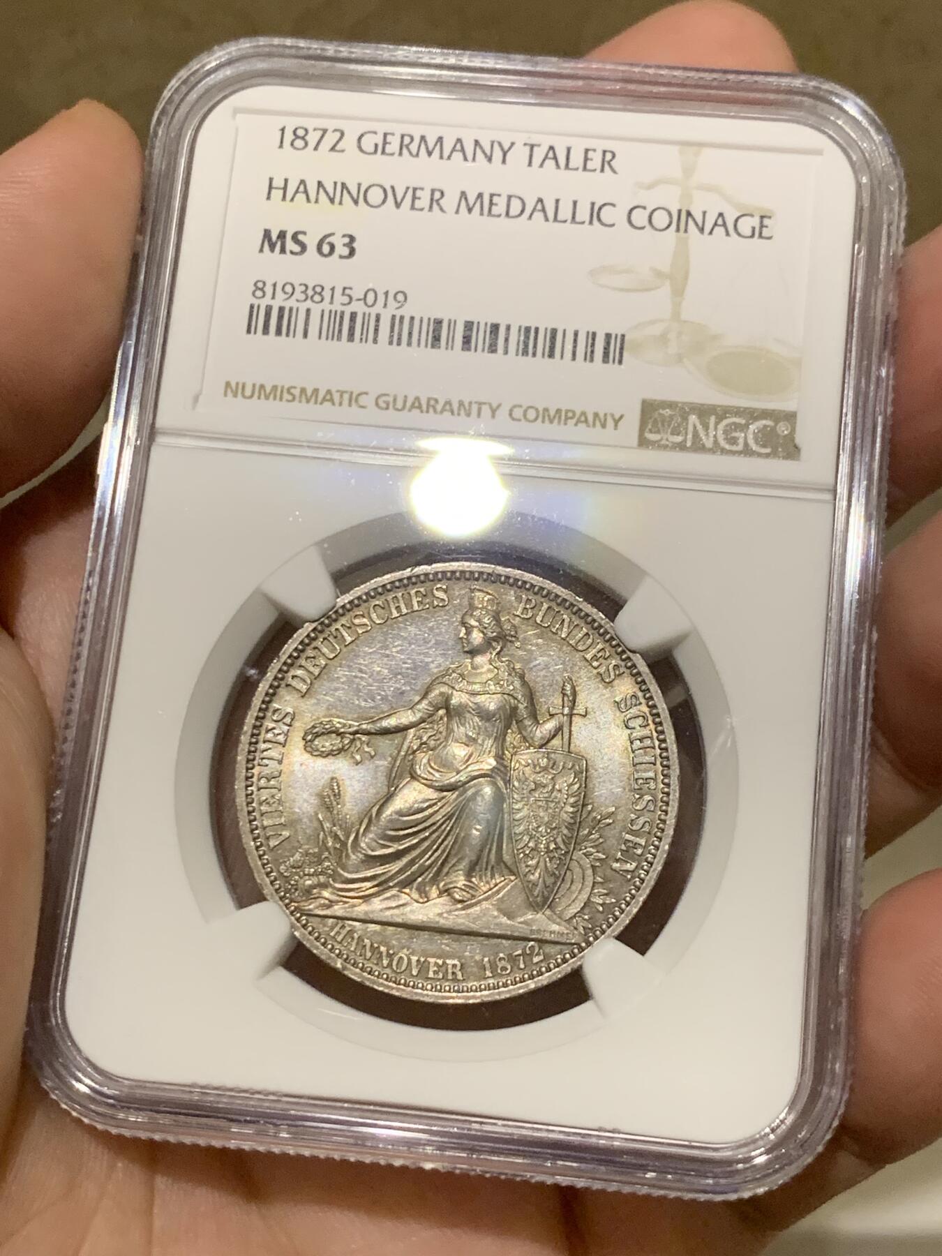 《竞宝斋》第292场- 周日，周一  2场连拍 （全场包邮） NGC MS63 1872年德国汉诺威双狮盾徽射击节1泰勒币章 帝国最后的1泰勒 炫五彩包浆 63分非常难得了