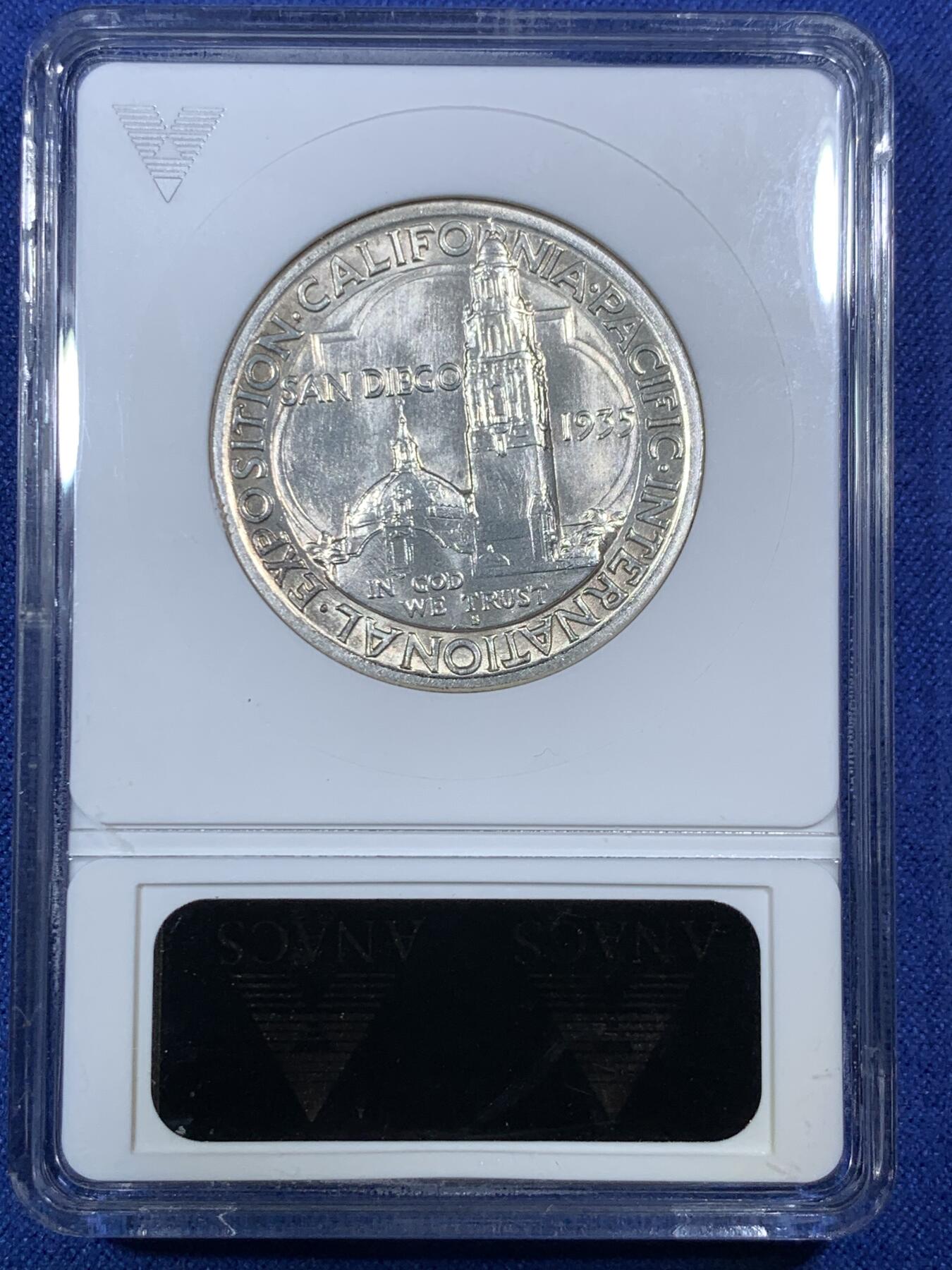 《竞宝斋》第292场- 周日，周一  2场连拍 （全场包邮） ANACS MS65 美国 1935年 圣地亚哥半美元 经典品种 漂亮设计 高分绝版小白盒 收藏一步到位