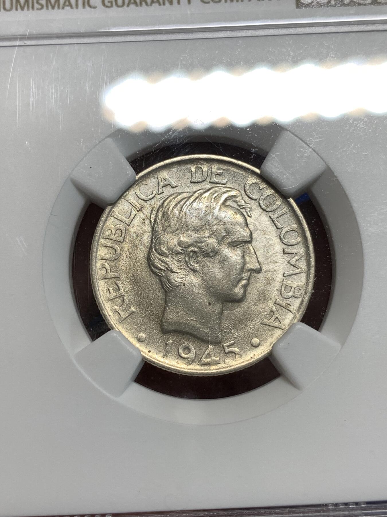 《竞宝斋》第292场- 周日，周一  2场连拍 （全场包邮） 特年 NGC MS62 哥伦比亚 1945年 20分 银币  更高分仅五枚