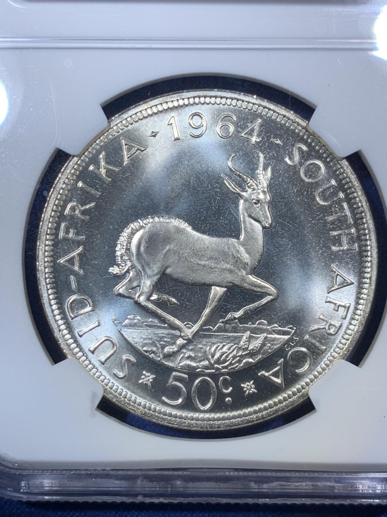 《竞宝斋》第292场- 周日，周一  2场连拍 （全场包邮） NGC PL67 南非1964年50分吕贝克 跳羚羊 高分精制币 完美品 一步到位