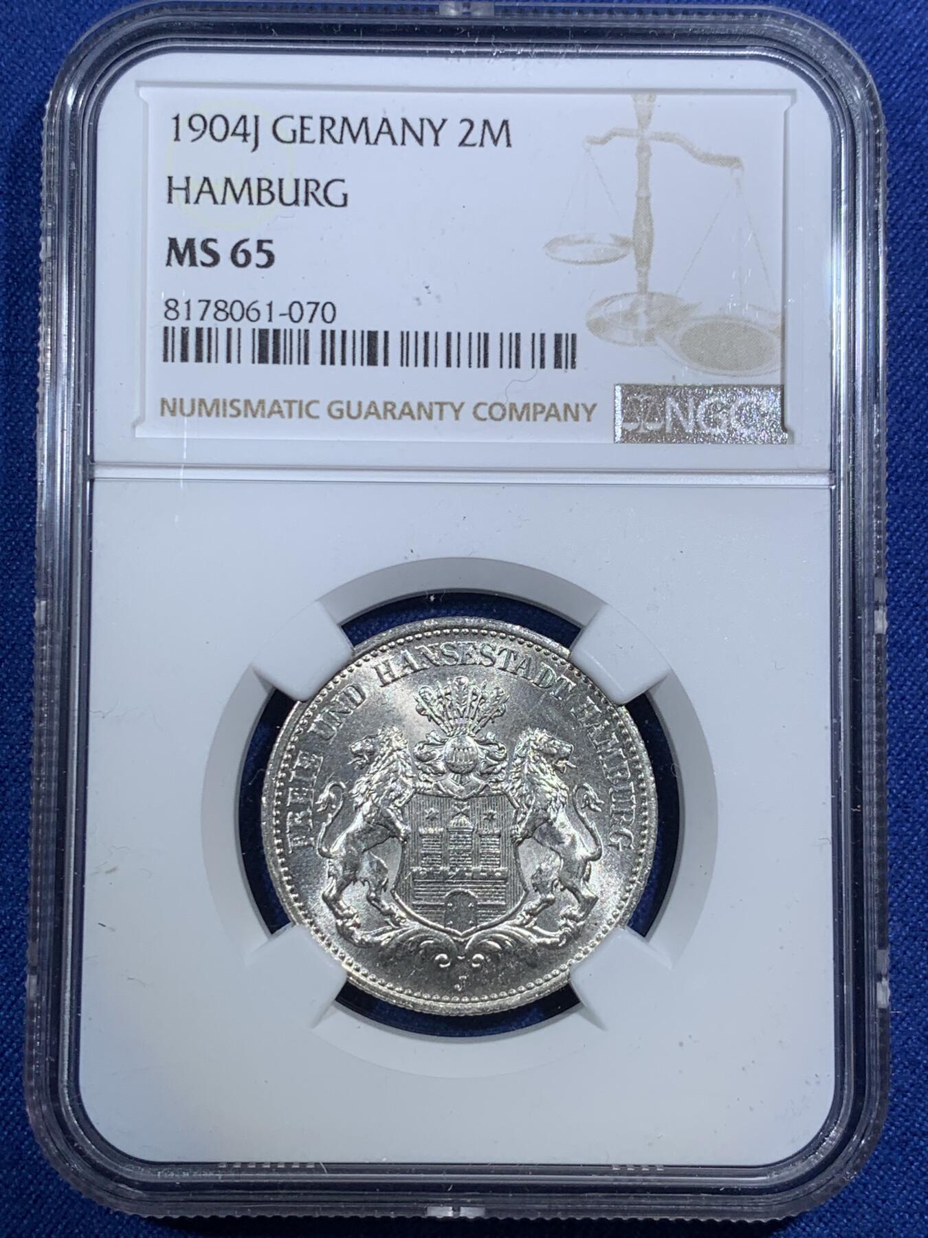 《竞宝斋》第292场- 周日，周一  2场连拍 （全场包邮） NGC MS65 德国汉堡1904J双狮2马克