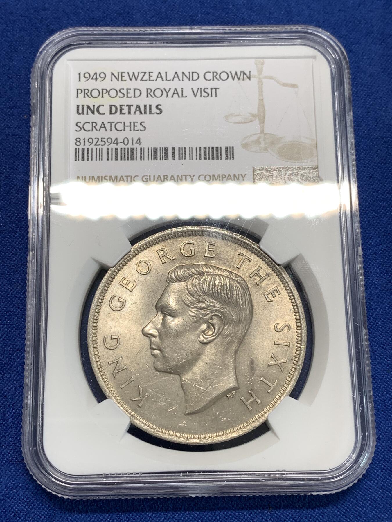 《竞宝斋》第292场- 周日，周一  2场连拍 （全场包邮） NGC UNC 新西兰1949年乔治六世克朗银币 原光好品