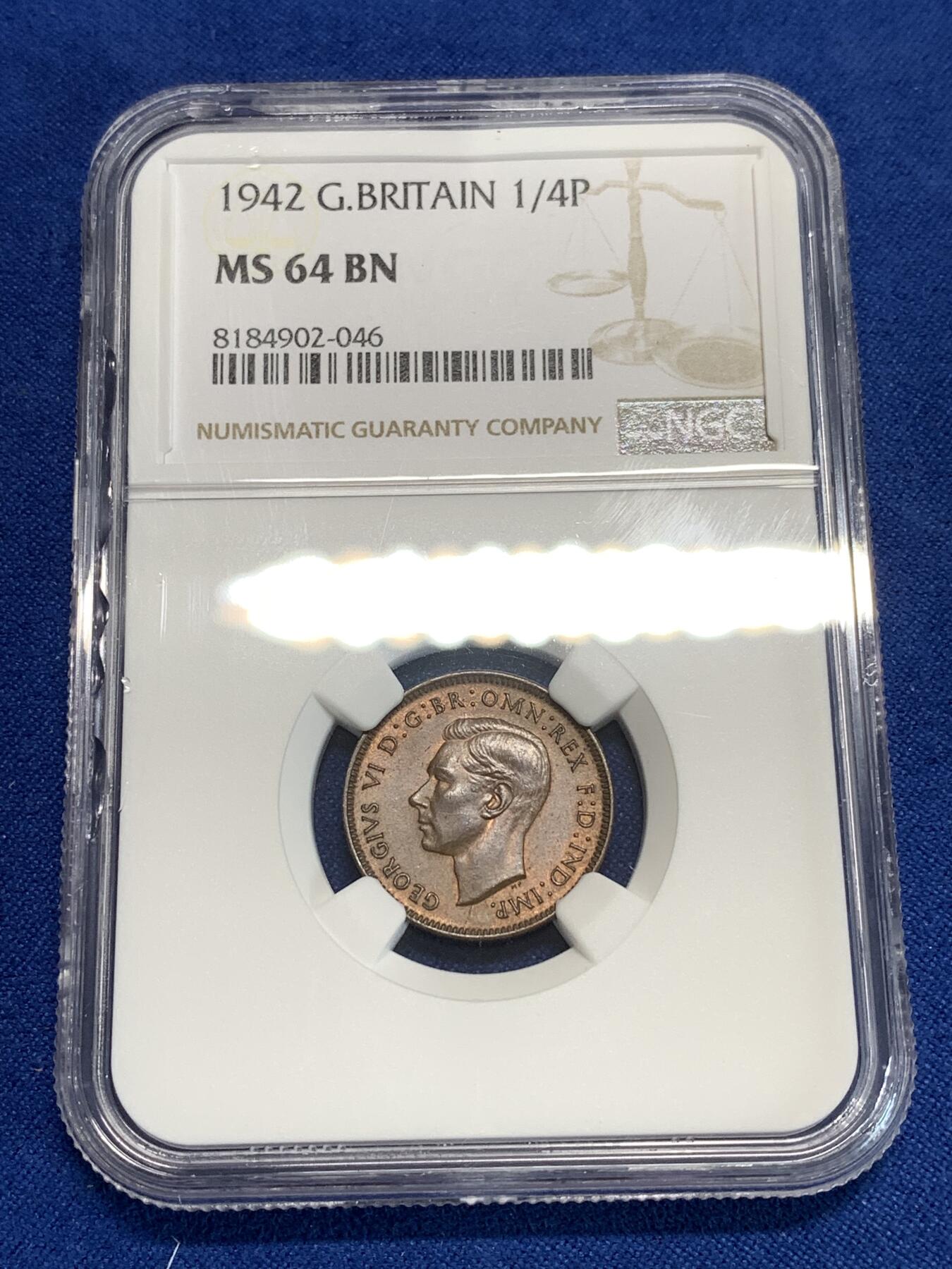 《竞宝斋》第292场- 周日，周一  2场连拍 （全场包邮） NGC MS64BN 英国1942年乔六1/4便士小鸟铜币