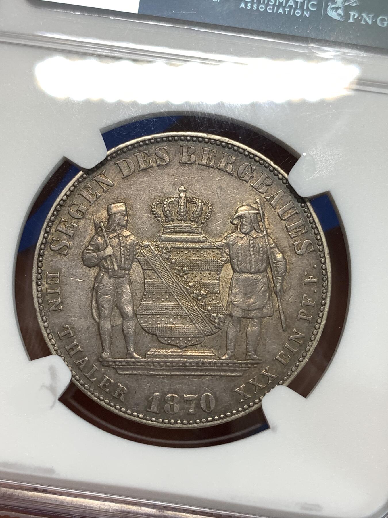 《竞宝斋》第292场- 周日，周一  2场连拍 （全场包邮） NGC XF45 德国 1870年B 萨克森矿业泰勒 正面深蓝绿色包浆 背面日落红包浆 感官佳明显低评