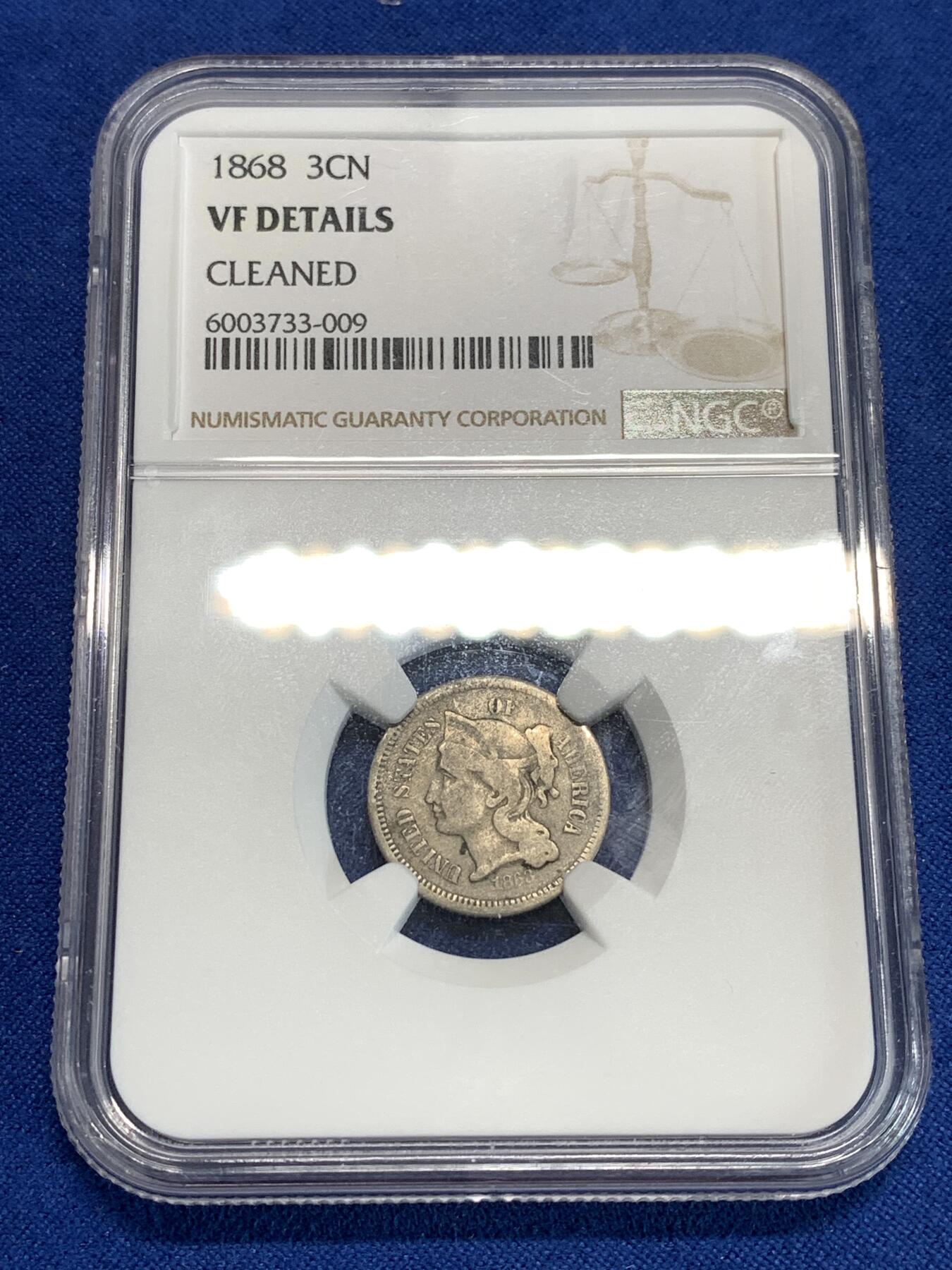 《竞宝斋》第292场- 周日，周一  2场连拍 （全场包邮） NGC VFD 1868年3美分 非常少见品种 ngc评级真假无忧 凑套必备