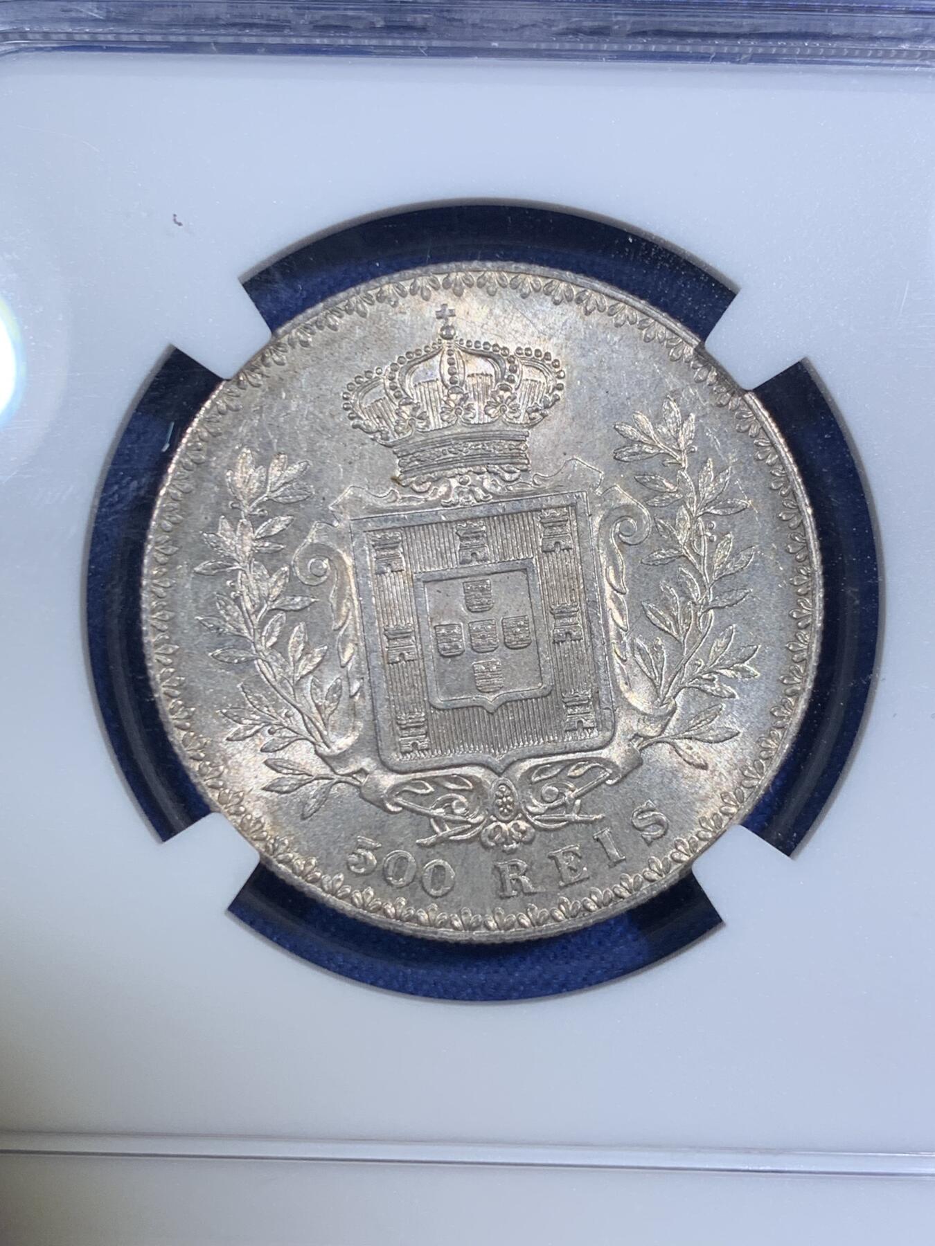 《竞宝斋》第292场- 周日，周一  2场连拍 （全场包邮） NGC MS63 葡萄牙1891年500瑞斯银币