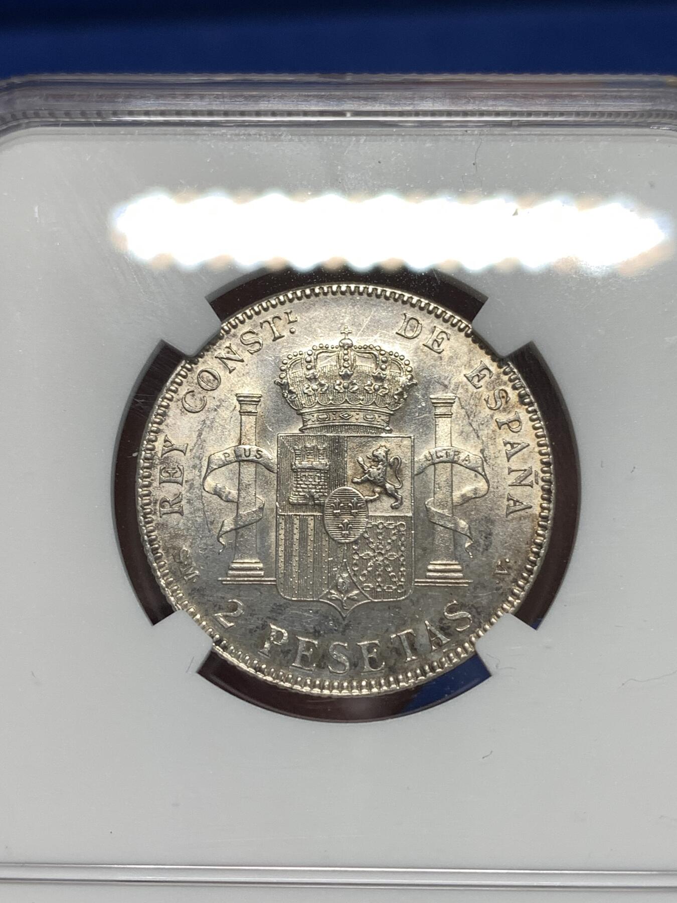 《竞宝斋》第292场- 周日，周一  2场连拍 （全场包邮） NGC UNCD 西班牙1905阿方索十三世2比塞塔银币