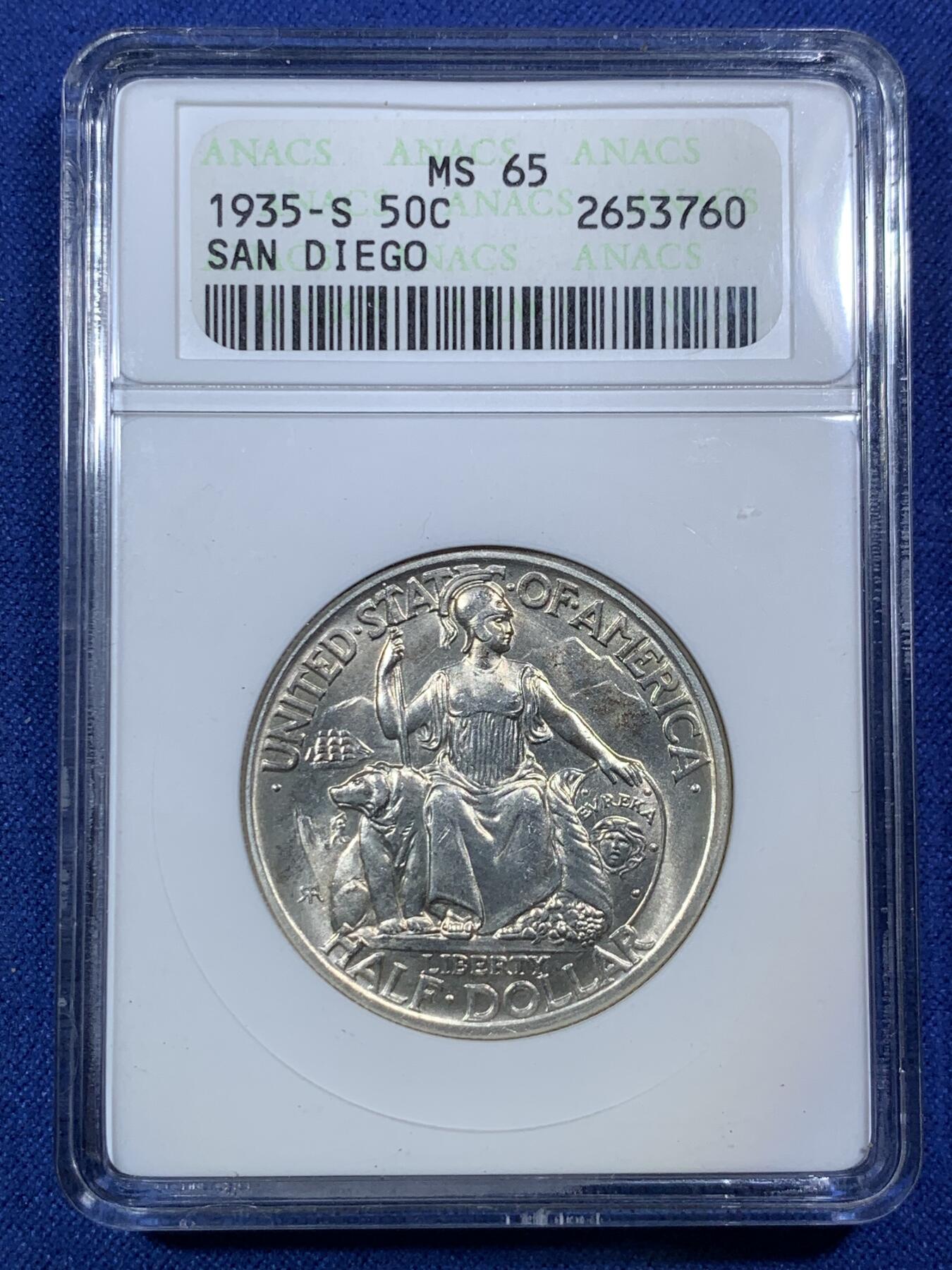 《竞宝斋》第292场- 周日，周一  2场连拍 （全场包邮） ANACS MS65 美国 1935年 圣地亚哥半美元 经典品种 漂亮设计 高分绝版小白盒 收藏一步到位
