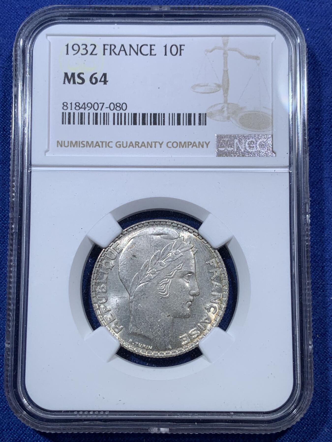 《竞宝斋》第293场- 周日，周一  2场连拍 （全场包邮） NGC MS64 法国1932年谷物女神10法郎银币