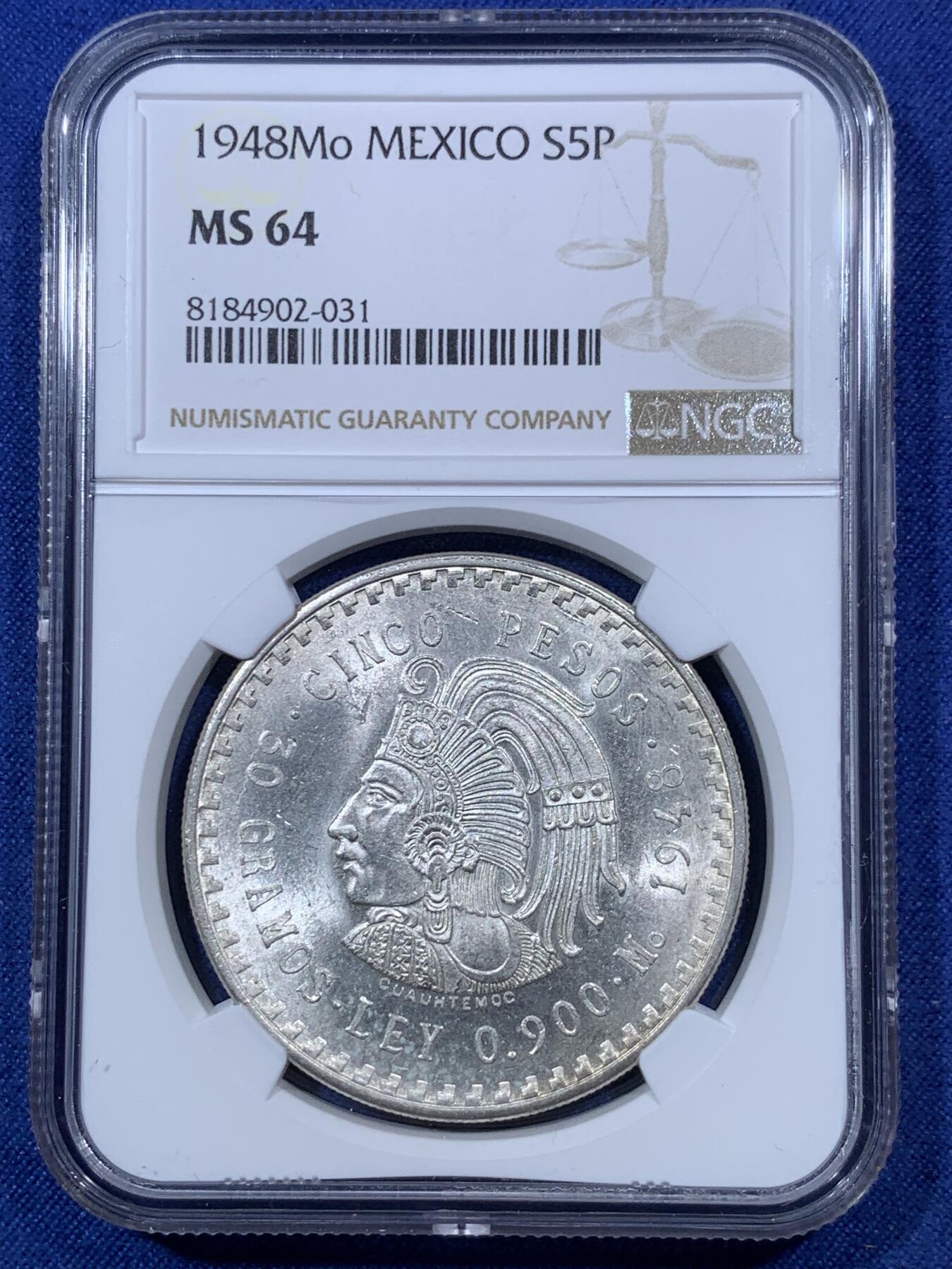 《竞宝斋》第293场- 周日，周一  2场连拍 （全场包邮） NGC MS64 墨西哥1948年玛雅酋长5比索鹰洋大银币