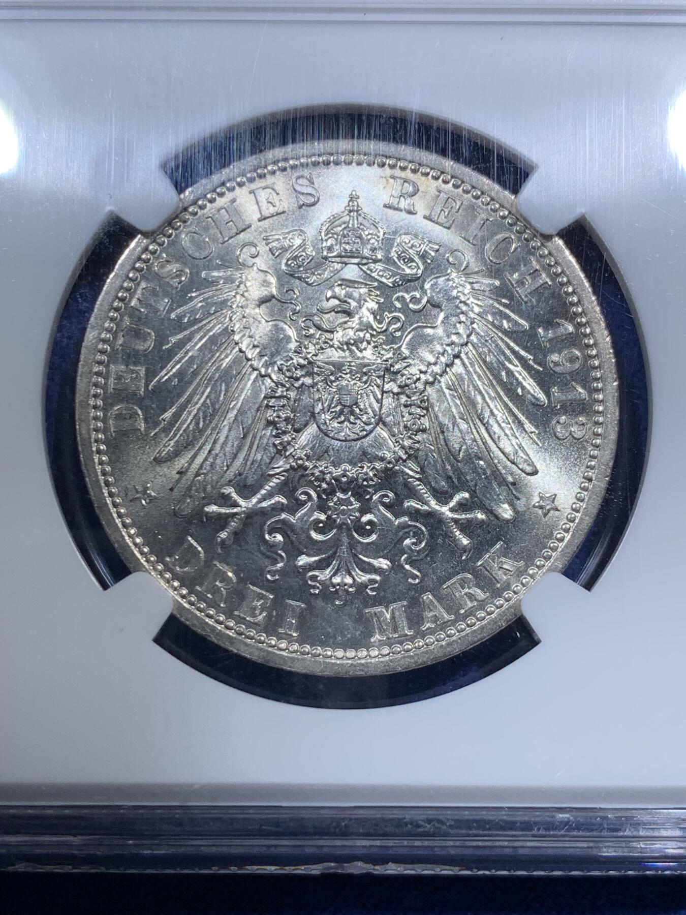 《竞宝斋》第293场- 周日，周一  2场连拍 （全场包邮） NGC MS63 德国1913年威廉二世戎装版3马克 老标严评 状态直逼64