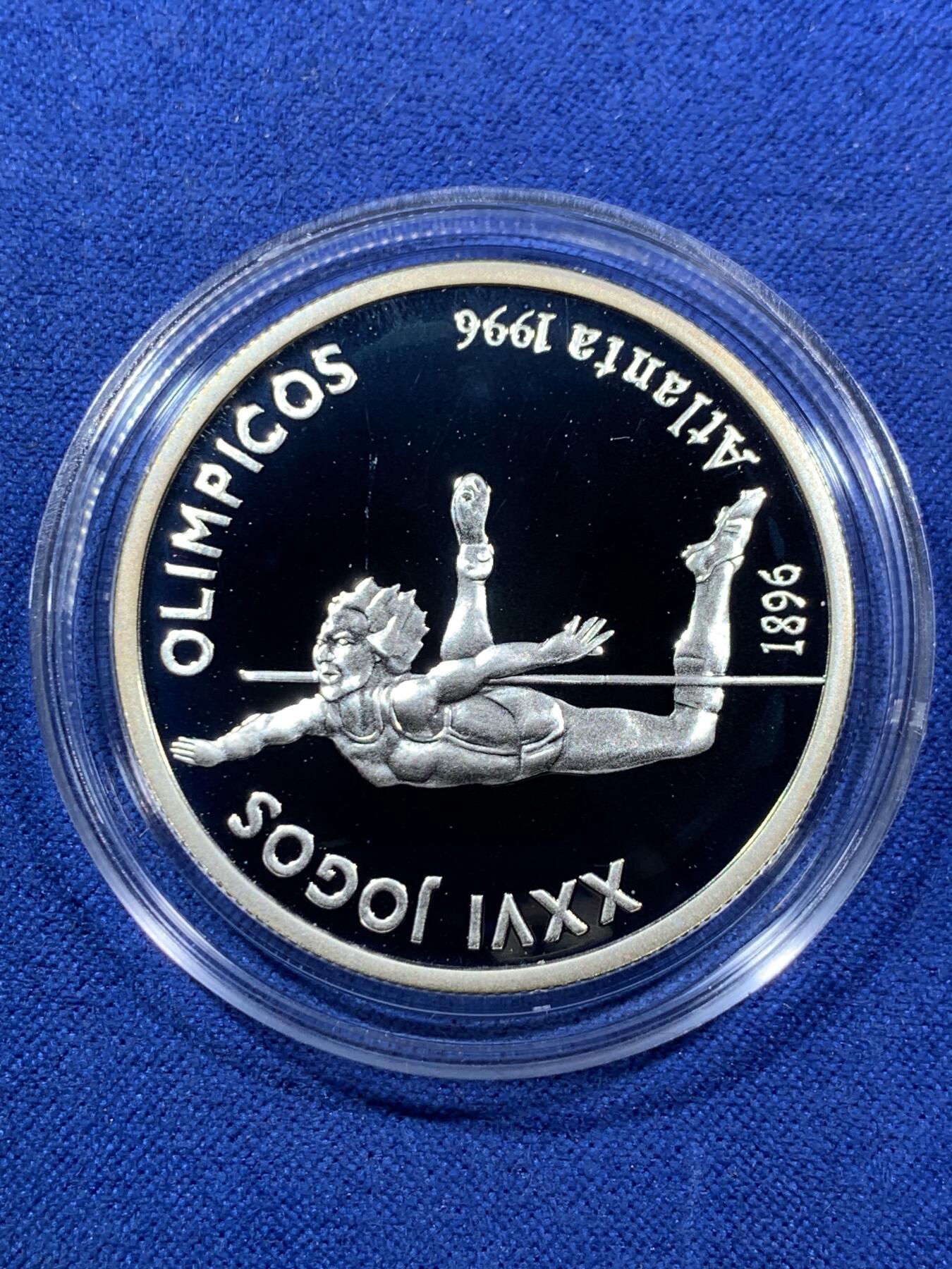 《竞宝斋》第293场- 周日，周一  2场连拍 （全场包邮） 1996年葡萄牙200埃斯库多 纪念奥运会100周年女子跳高银币 原盒证