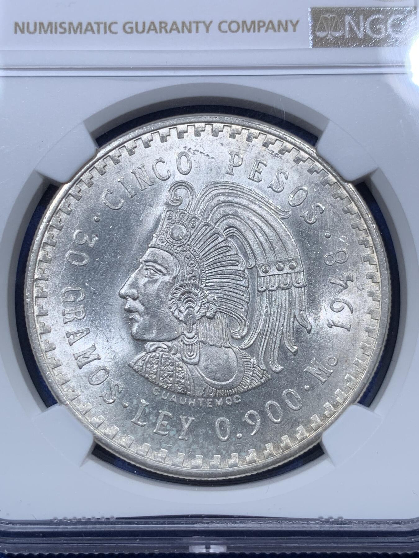 《竞宝斋》第293场- 周日，周一  2场连拍 （全场包邮） NGC MS64 墨西哥1948年玛雅酋长5比索鹰洋大银币