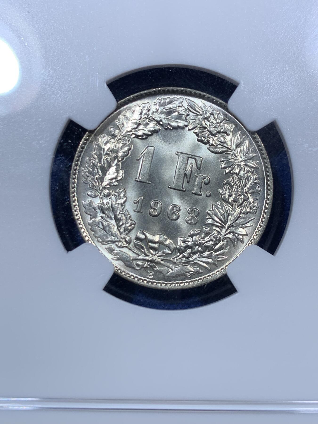 《竞宝斋》第293场- 周日，周一  2场连拍 （全场包邮） NGC MS67 瑞士 1963年 赫尔维蒂亚 1法郎银币 顶级品相 超强转光