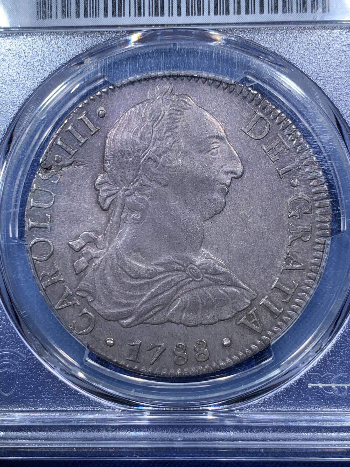 《竞宝斋》第293场- 周日，周一  2场连拍 （全场包邮） PCGS MS62 墨西哥1788年MoFM卡三8里亚尔银币 黑美人 亚军分 上面只有1枚