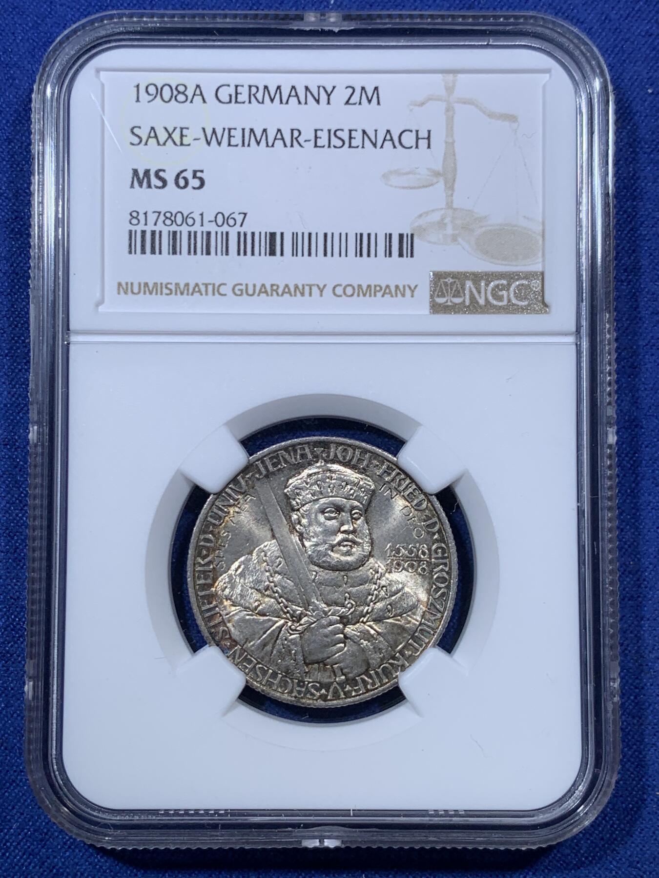 《竞宝斋》第293场- 周日，周一  2场连拍 （全场包邮） NGC MS65 德国 1908A 萨克森魏玛爱森纳赫耶拿大学建校350周年2马克银币