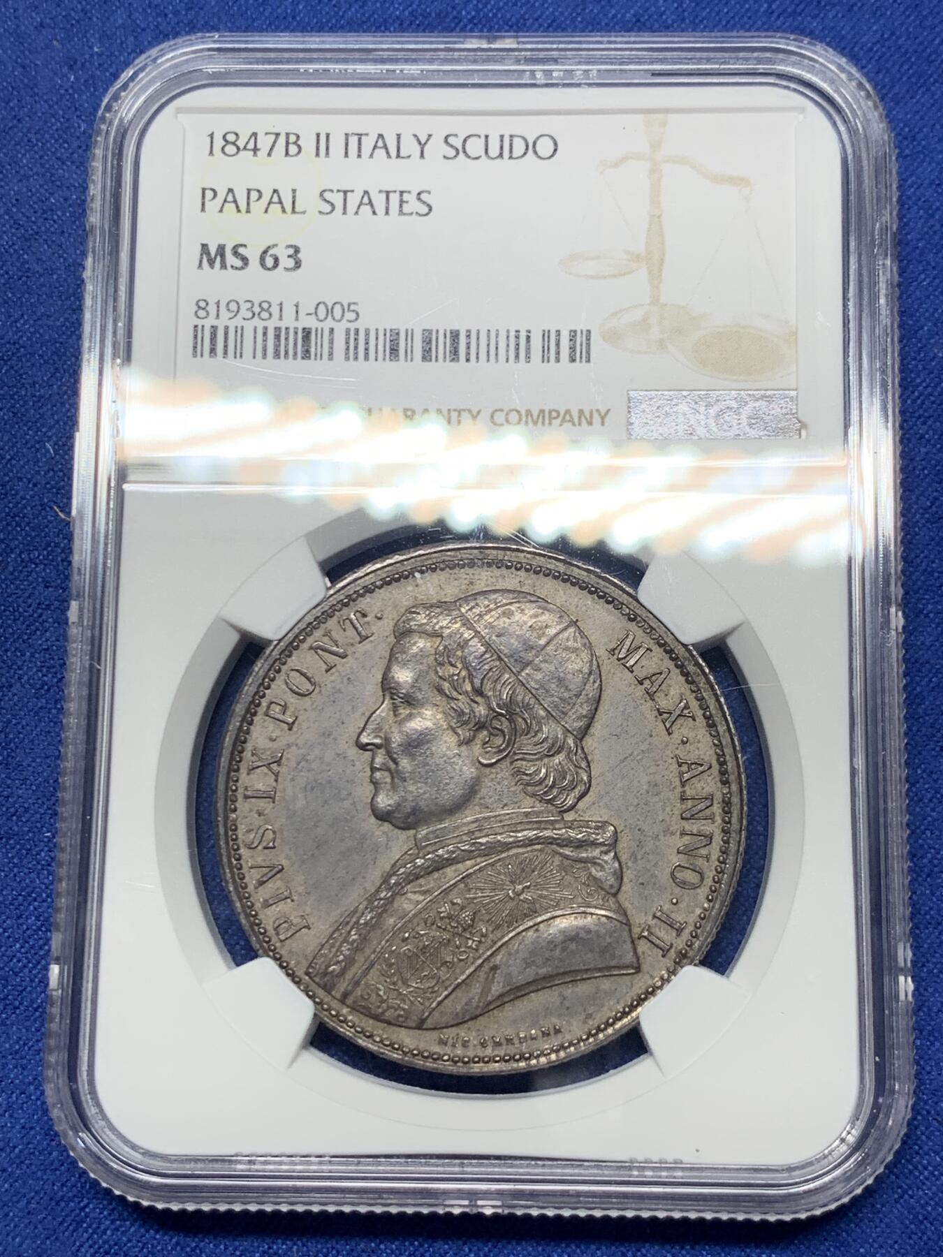 《竞宝斋》第293场- 周日，周一  2场连拍 （全场包邮） NGC MS63 意大利 教皇国 1847  庇护九世 1斯库多 大银币 双面深包浆 细节极好 上63难得