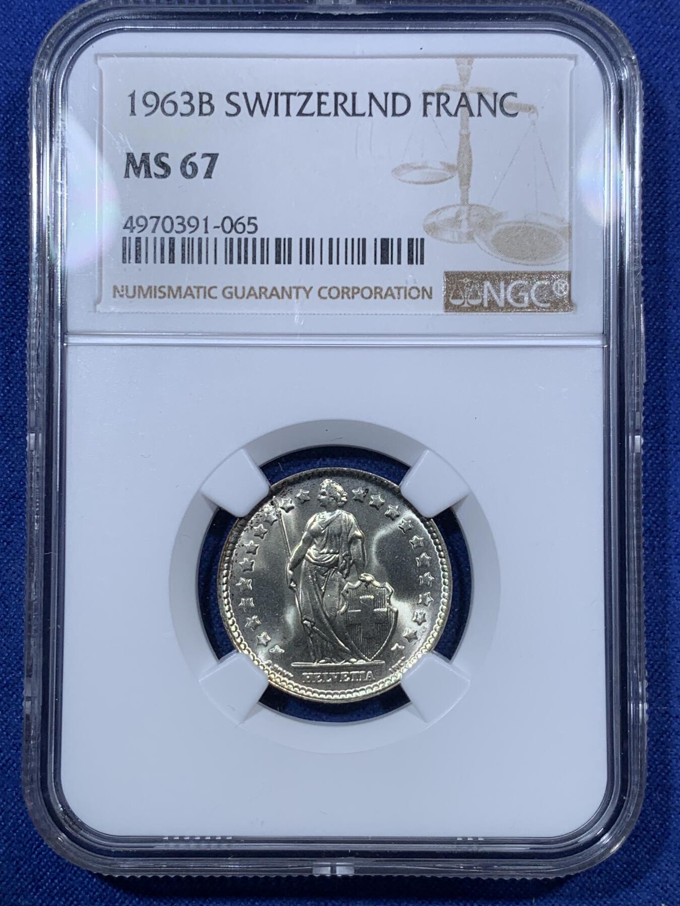 《竞宝斋》第293场- 周日，周一  2场连拍 （全场包邮） NGC MS67 瑞士 1963年 赫尔维蒂亚 1法郎银币 顶级品相 超强转光